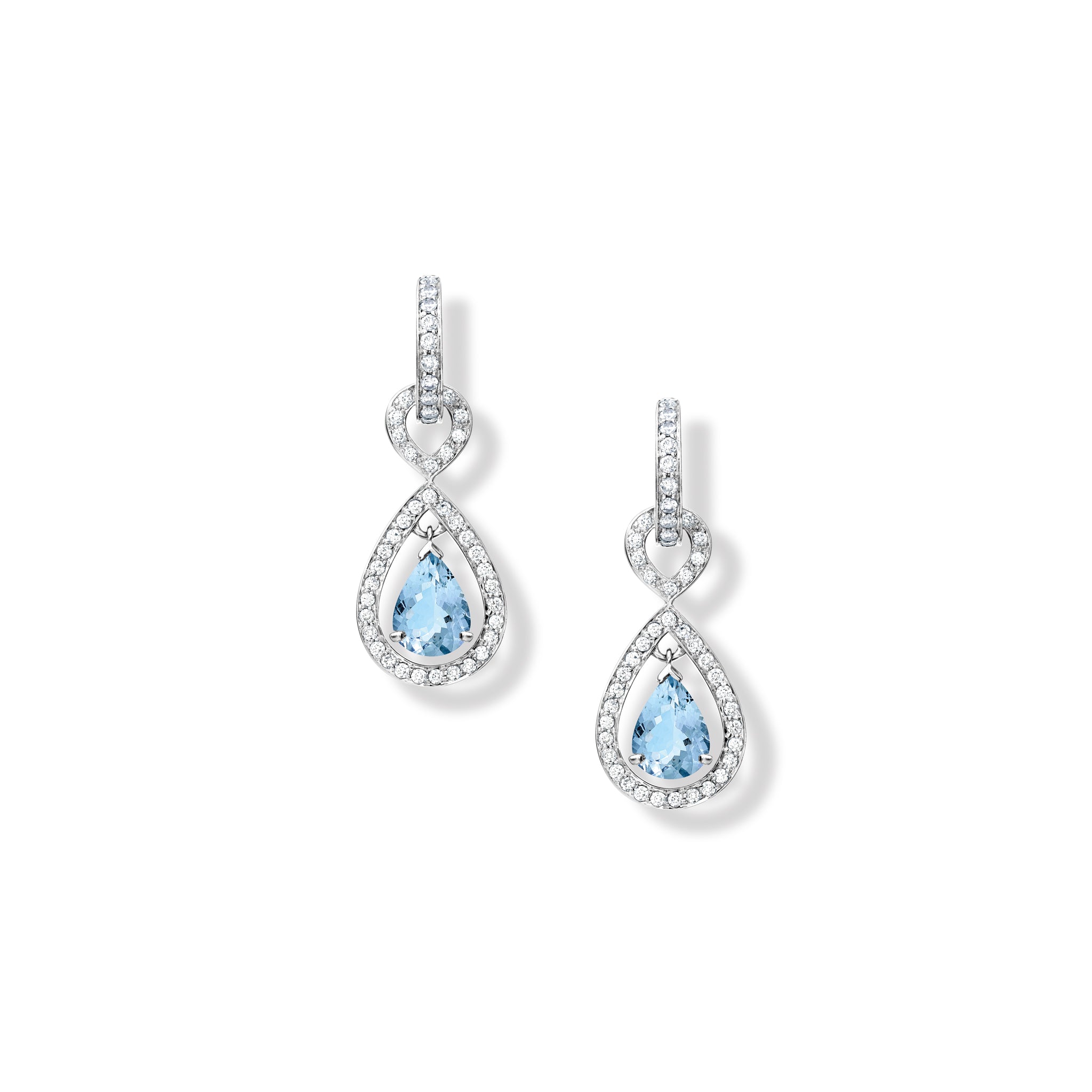 Handcrafted 18ct white gold earring drops featuring teardrop-shaped aquamarine gemstones with diamonds, birthstone of March.