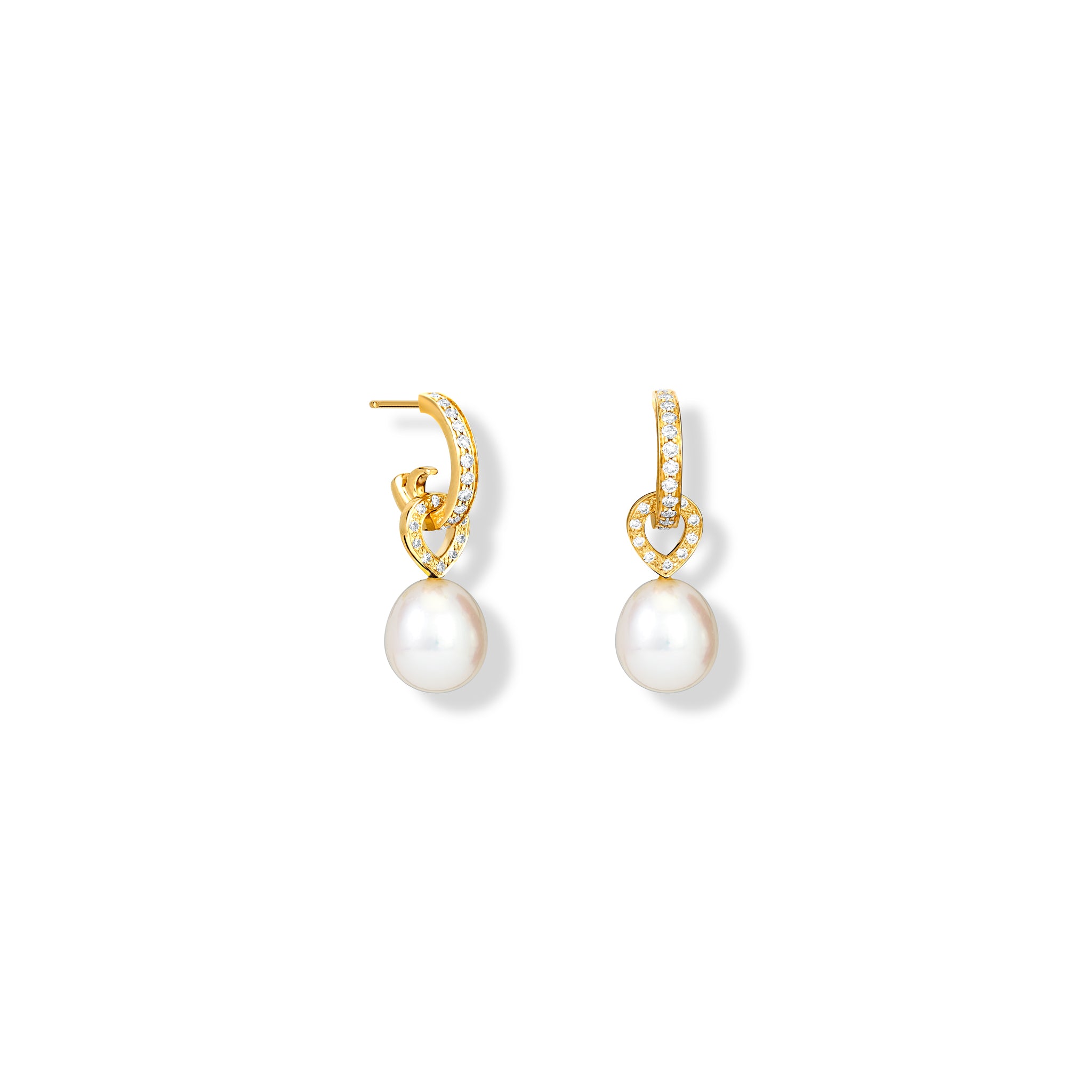 Handcrafted 18ct yellow gold earring drops with pearls and diamonds.