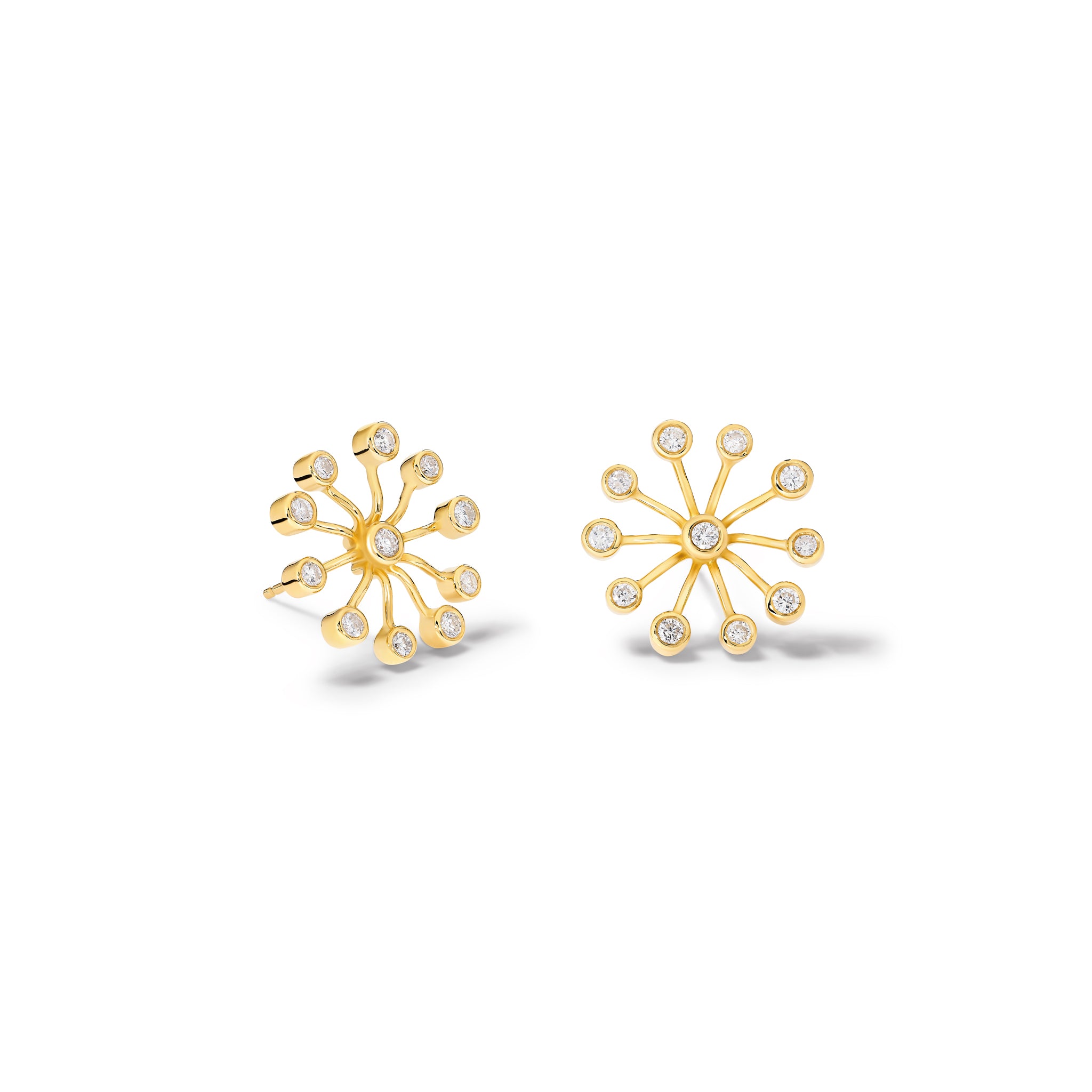 Handcrafted 18ct yellow gold earrings inspired by the delicate spurs of an astrantia flower, with diamonds set at the tip of each spur.