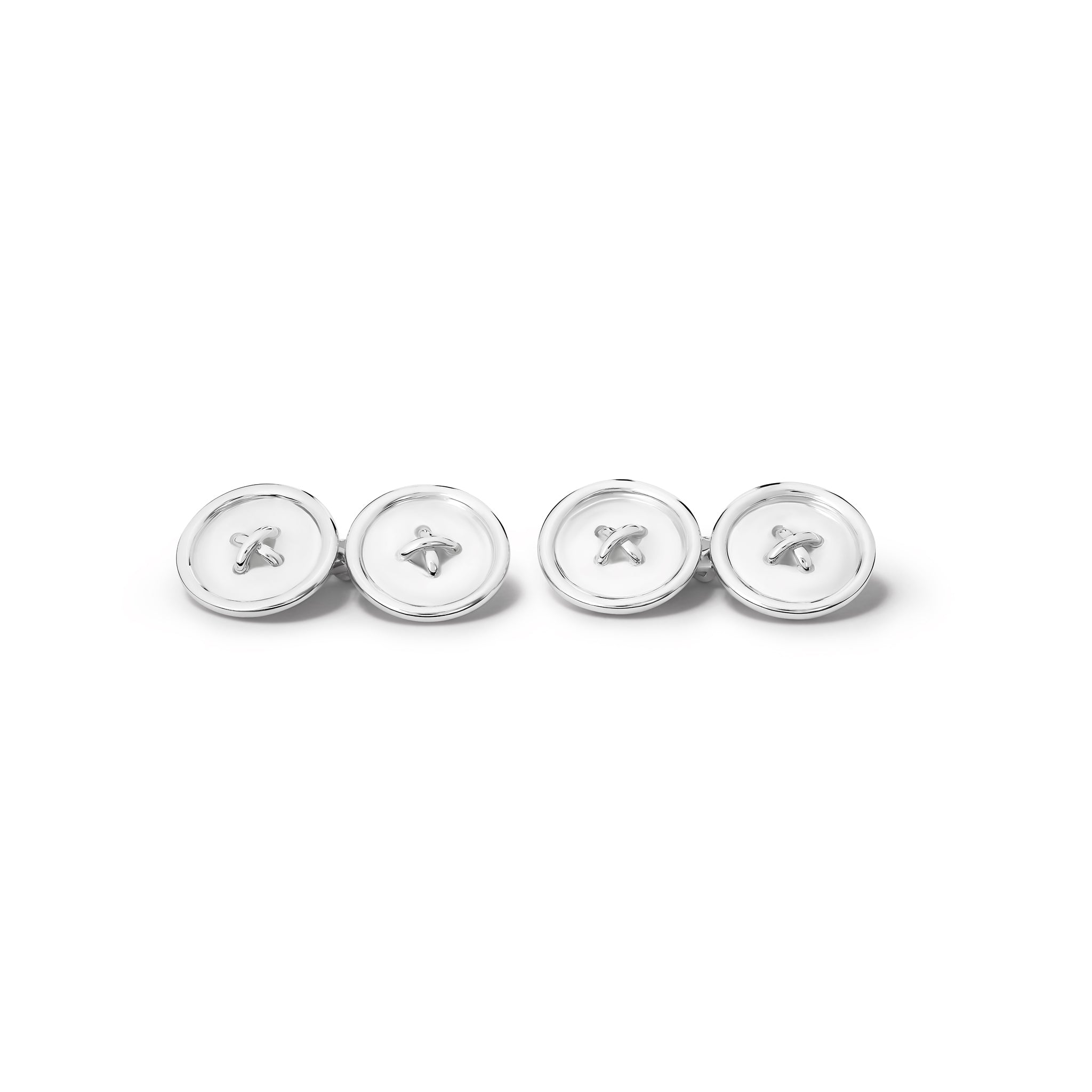 Handcrafted sterling silver double ended cufflinks featuring a stitched button shape.