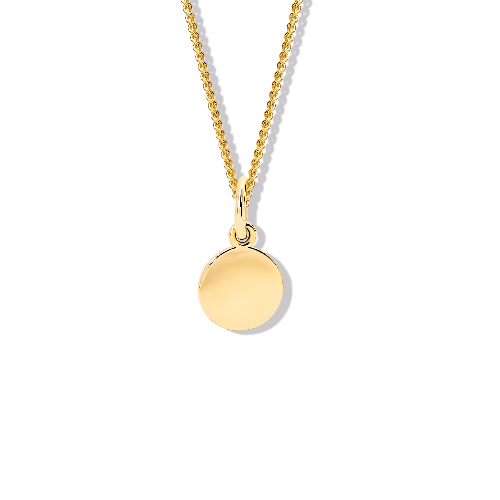 Handcrafted yellow gold round, plain necklace pendant. 
