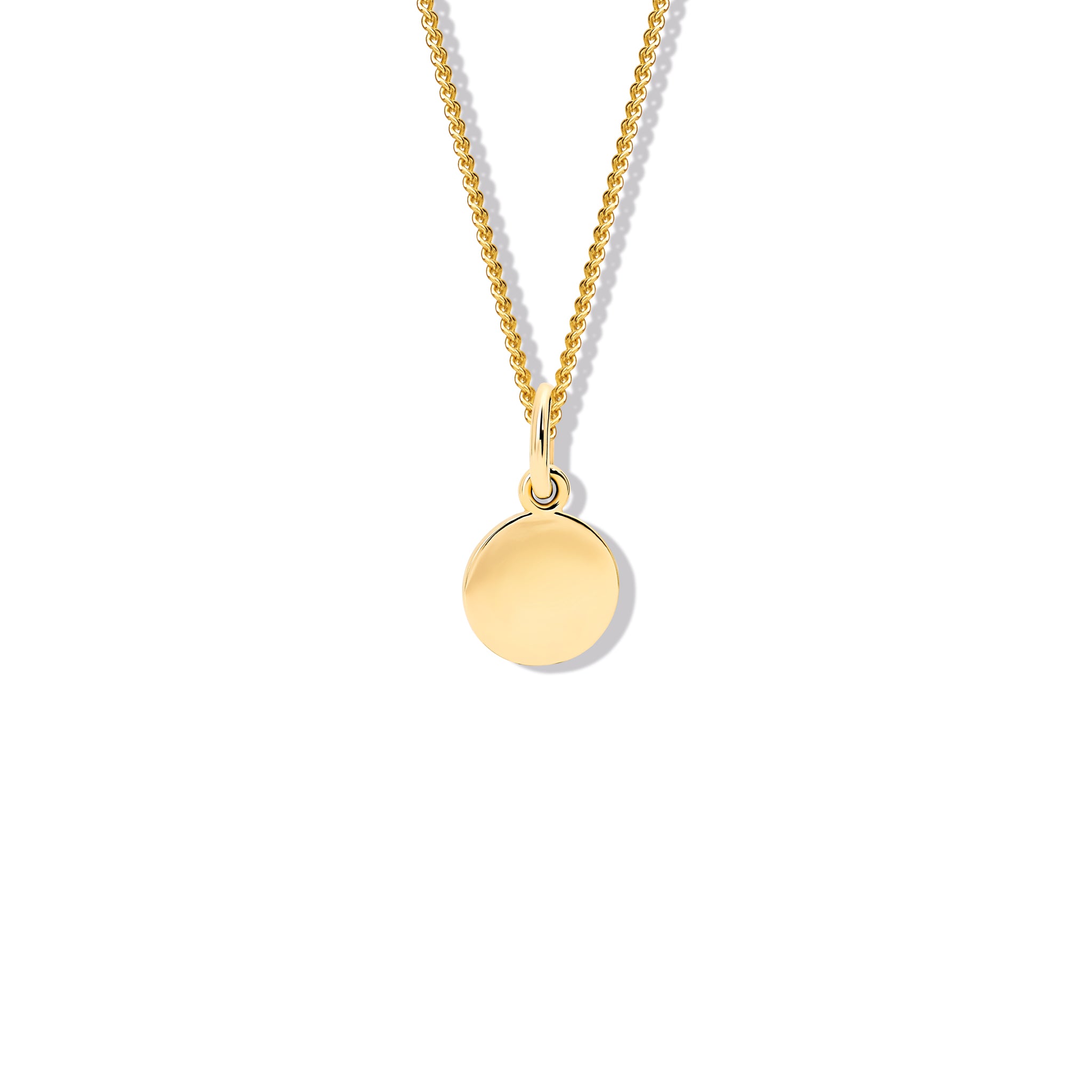 Handcrafted yellow gold round, plain necklace pendant. 
