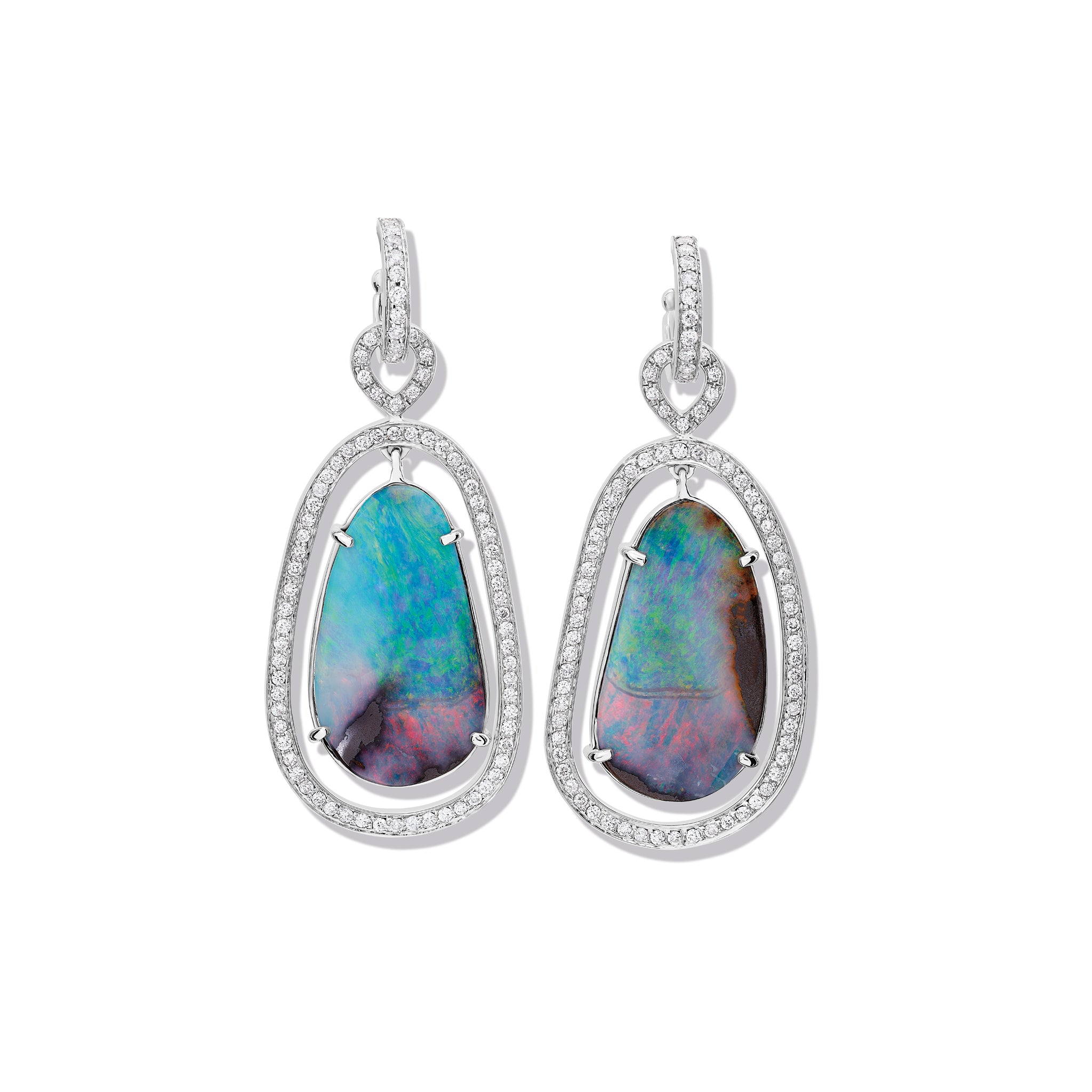 Handcrafted 18ct white gold earring drops featuring teardrop-shaped opals with diamonds, birthstone of October.