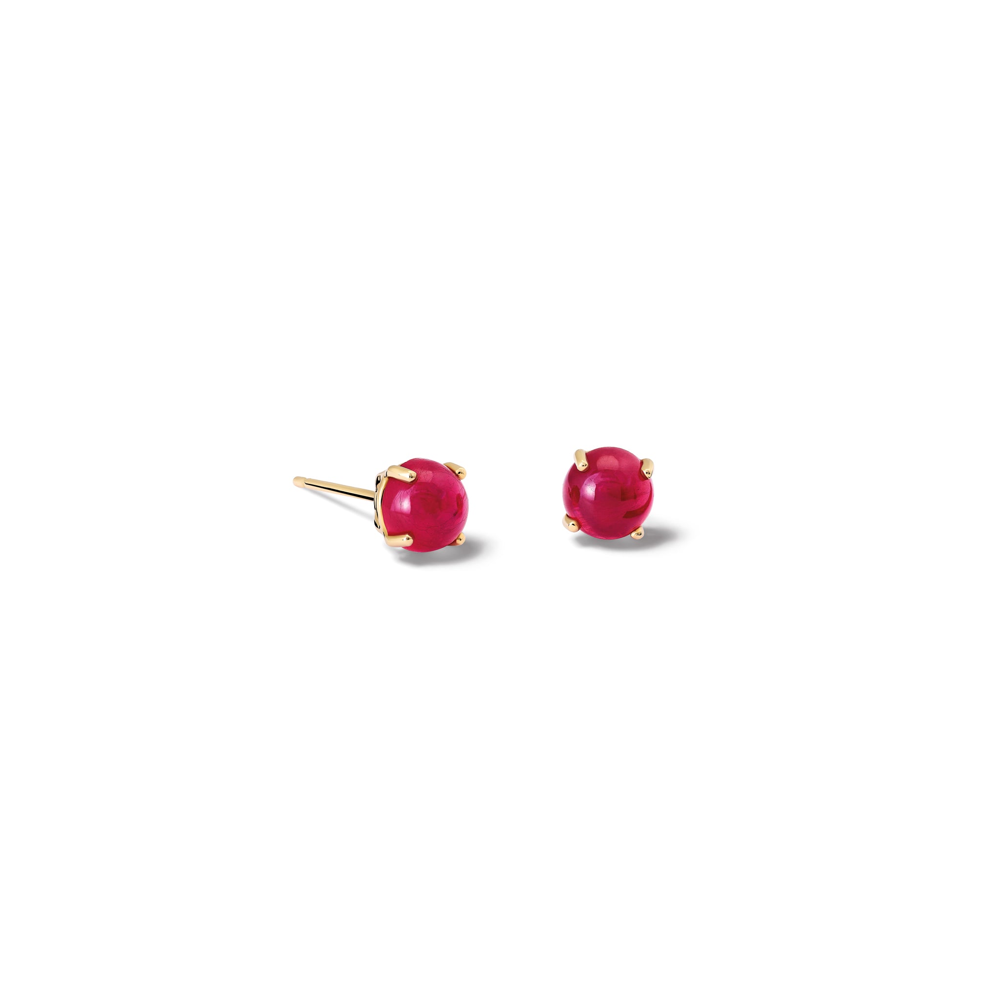 Handcrafted 18ct yellow gold stud earrings featuring round cabochon rubies, birthstone of July.