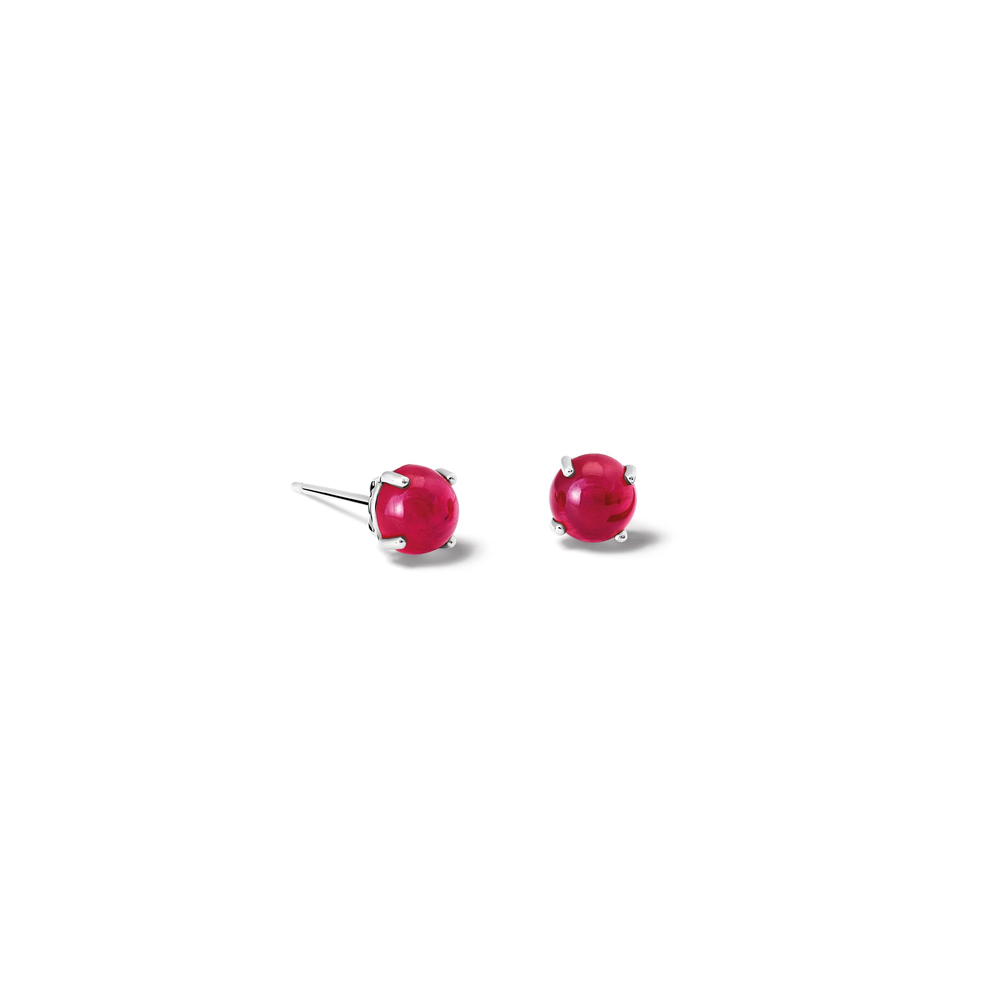 Handcrafted 18ct white gold stud earrings featuring round cabochon rubies, birthstone of July.