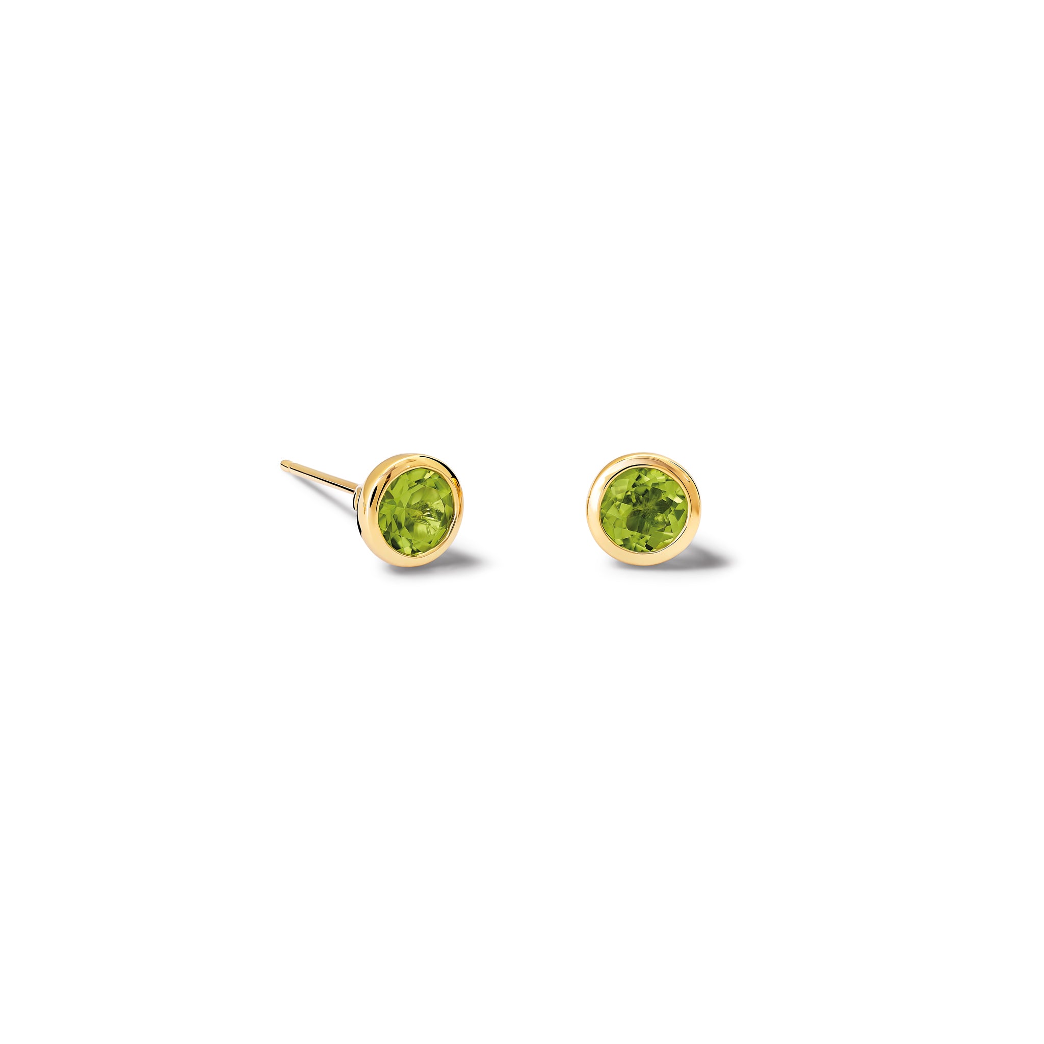 Handcrafted yellow gold stud earrings featuring round peridot, birthstone of August.