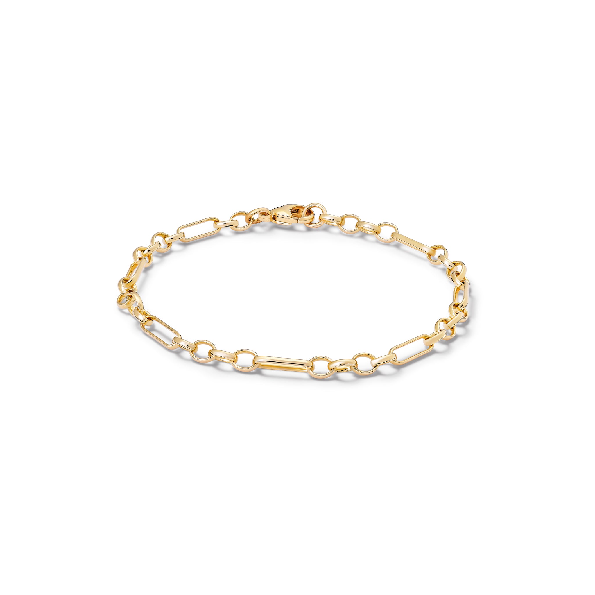 Handcrafted yellow gold chain bracelet featuring oval and rectangular links.