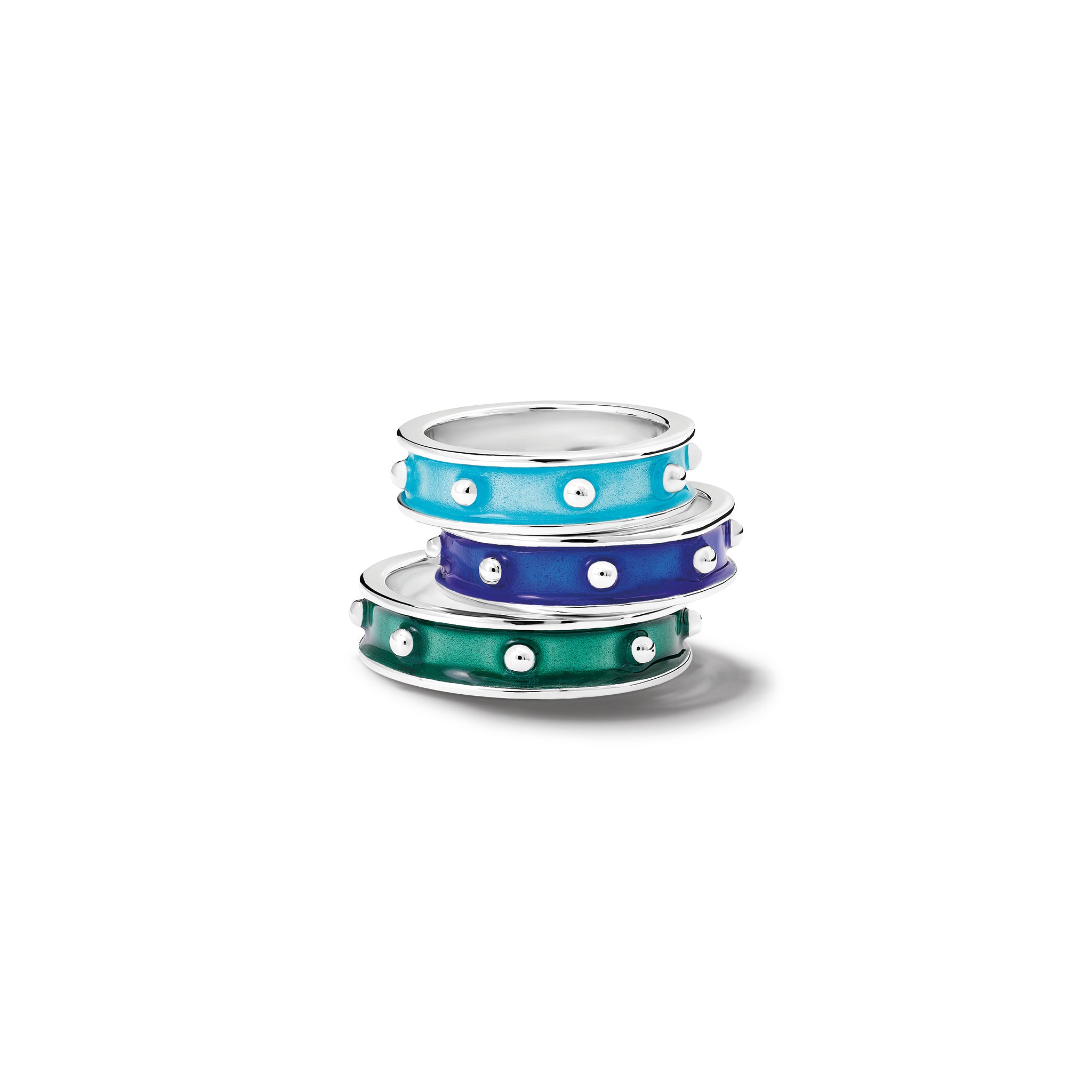 Handcrafted sterling silver rings with evenly spaced, protruding round dots with enamel.