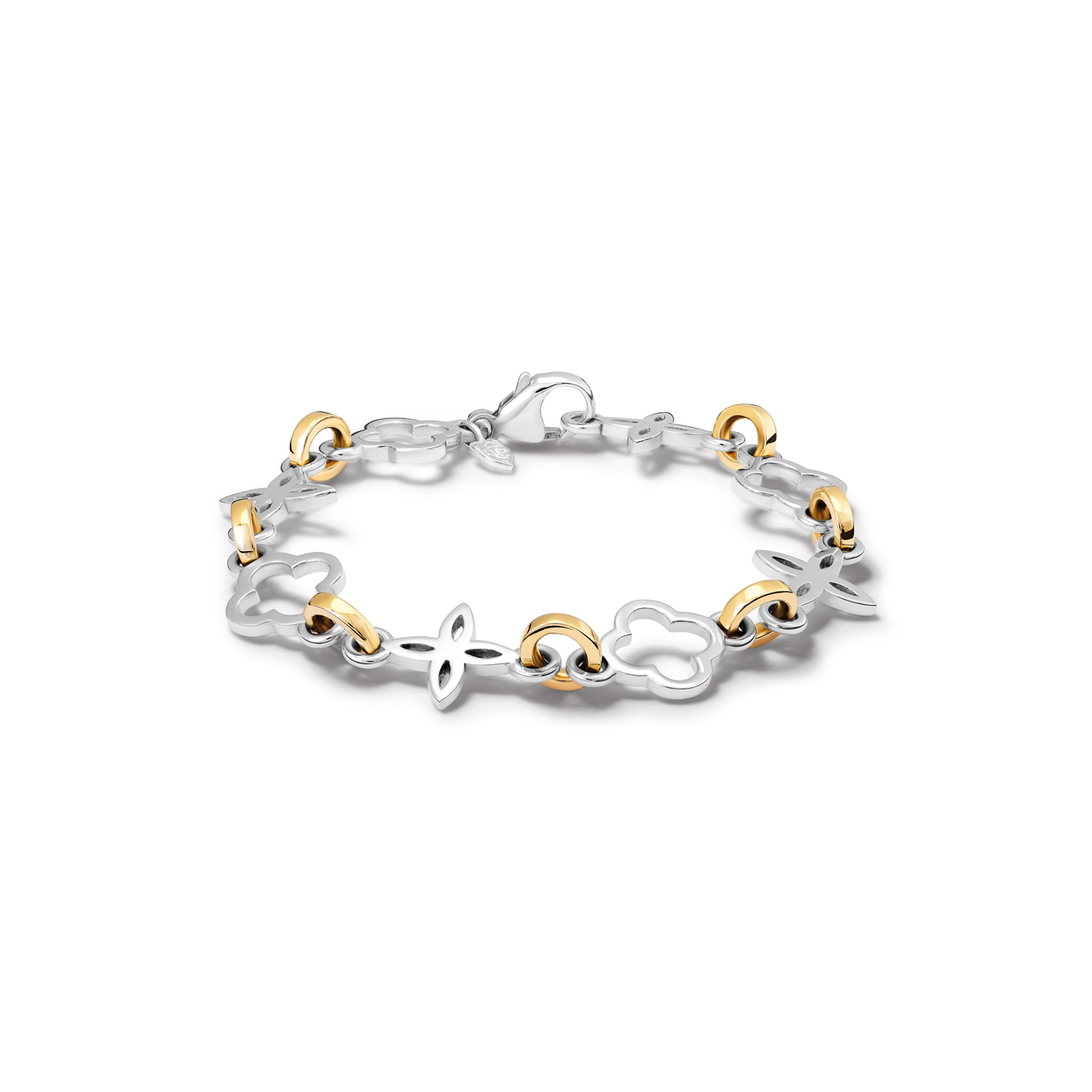 Handcrafted bracelet with star-shaped links in silver and yellow gold.
