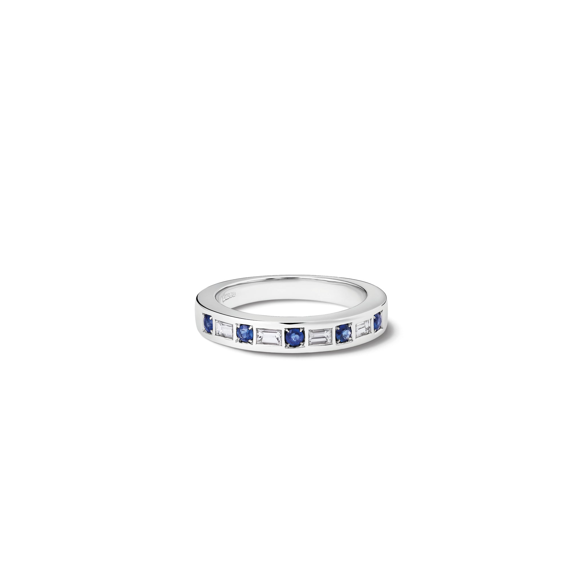 Handcrafted 18ct white gold wedding band or eternity ring set with round and rectangular sapphires and diamonds halfway round the band.