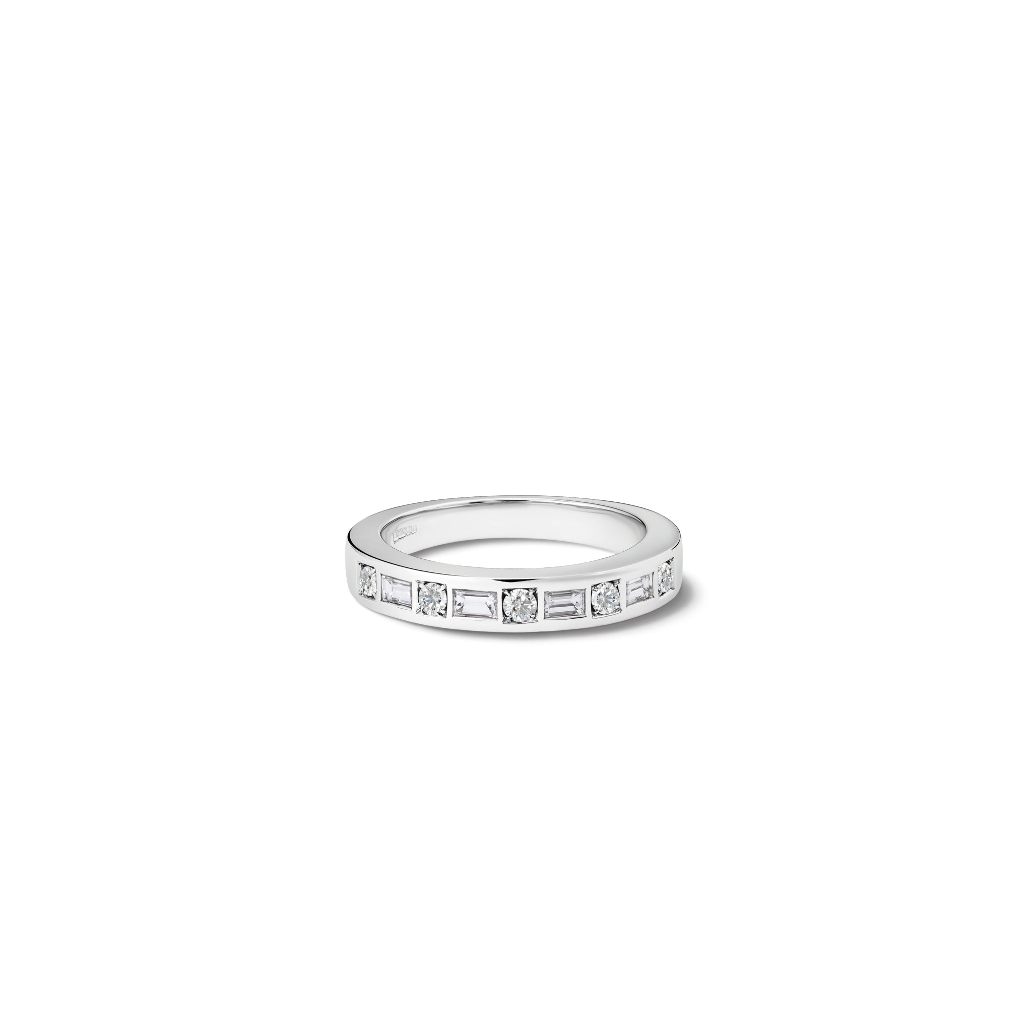 Handcrafted 18ct white gold wedding band or eternity ring set with round and rectangular diamonds halfway round the band.