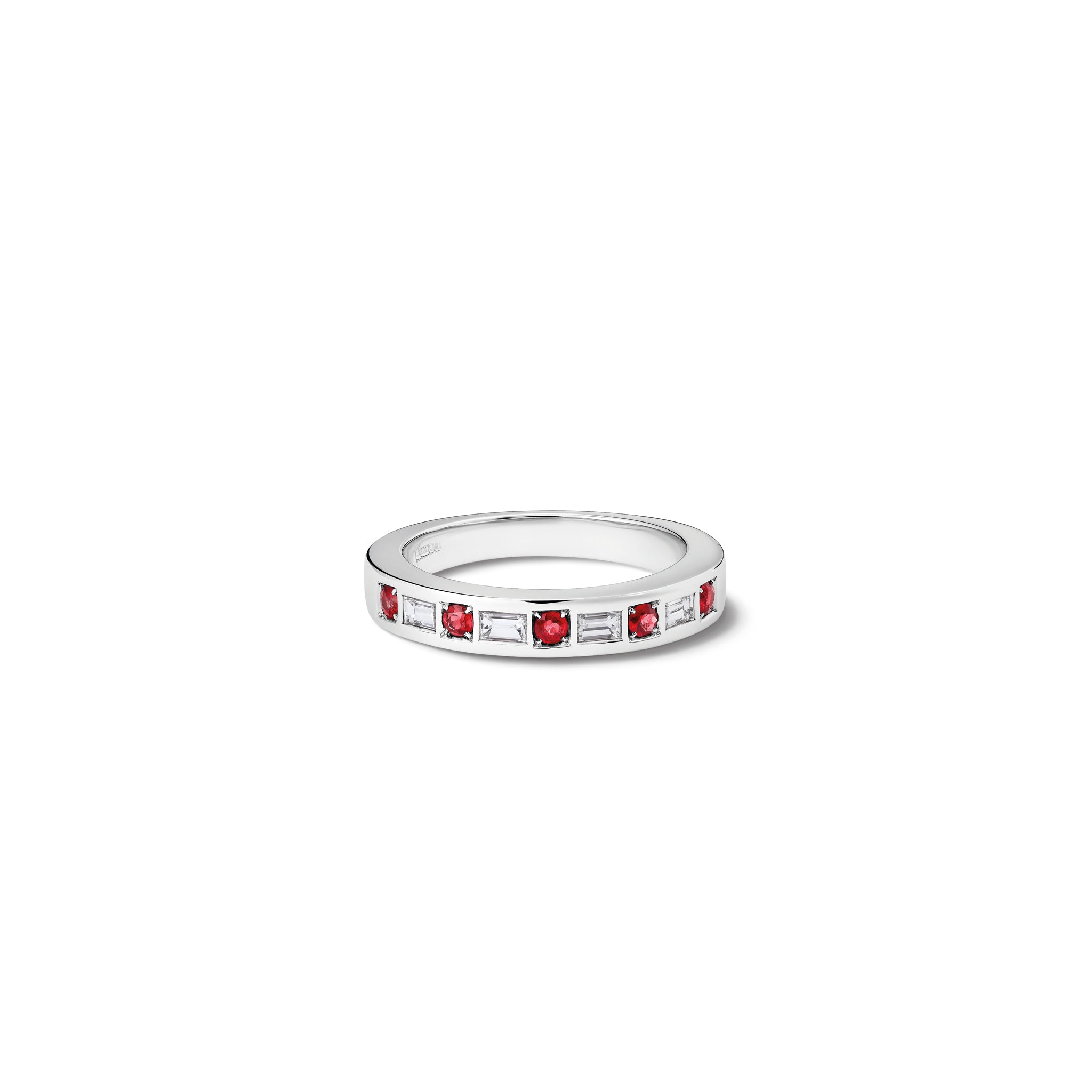 Handcrafted 18ct white gold wedding band or eternity ring set with round and rectangular rubies and diamonds halfway round the band.