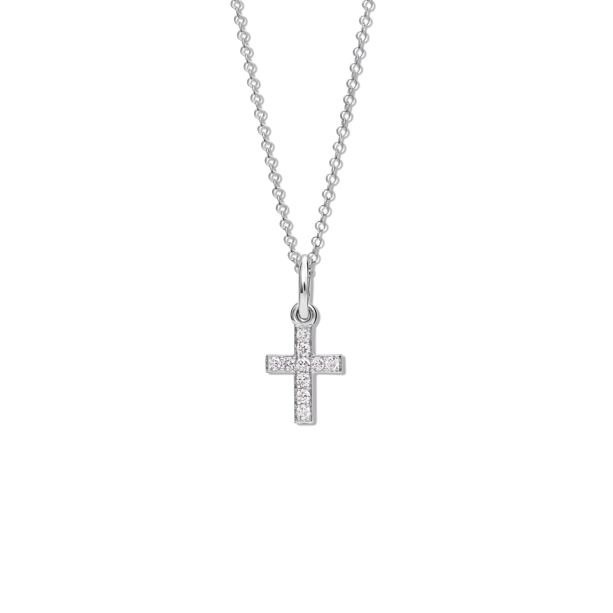 Handcrafted Aeternitas Etoile white gold cross necklace pendant set with diamonds, birthstone of April, hanging from a necklace chain.