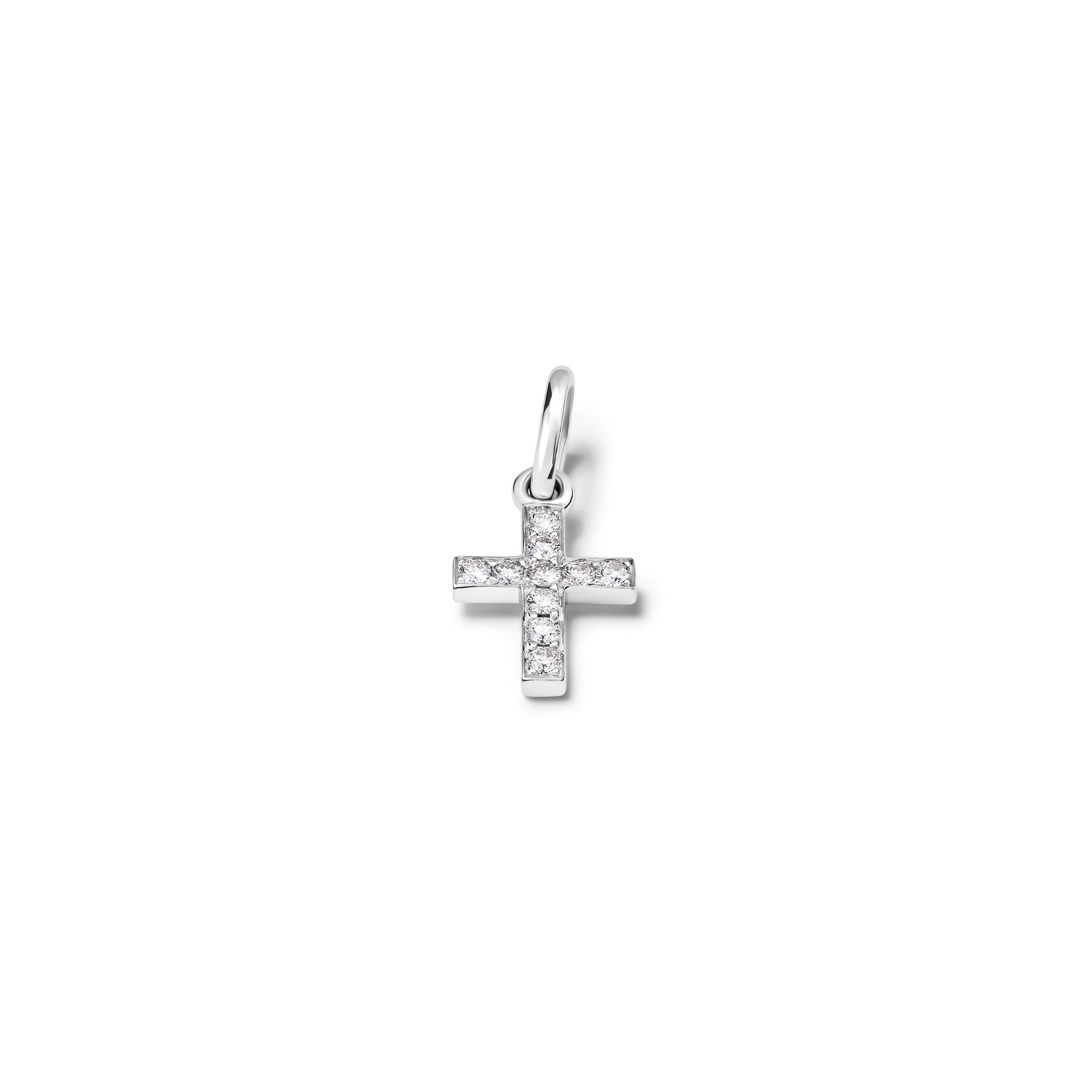 Handcrafted Aeternitas Etoile white gold cross necklace pendant set with diamonds, birthstone of April.