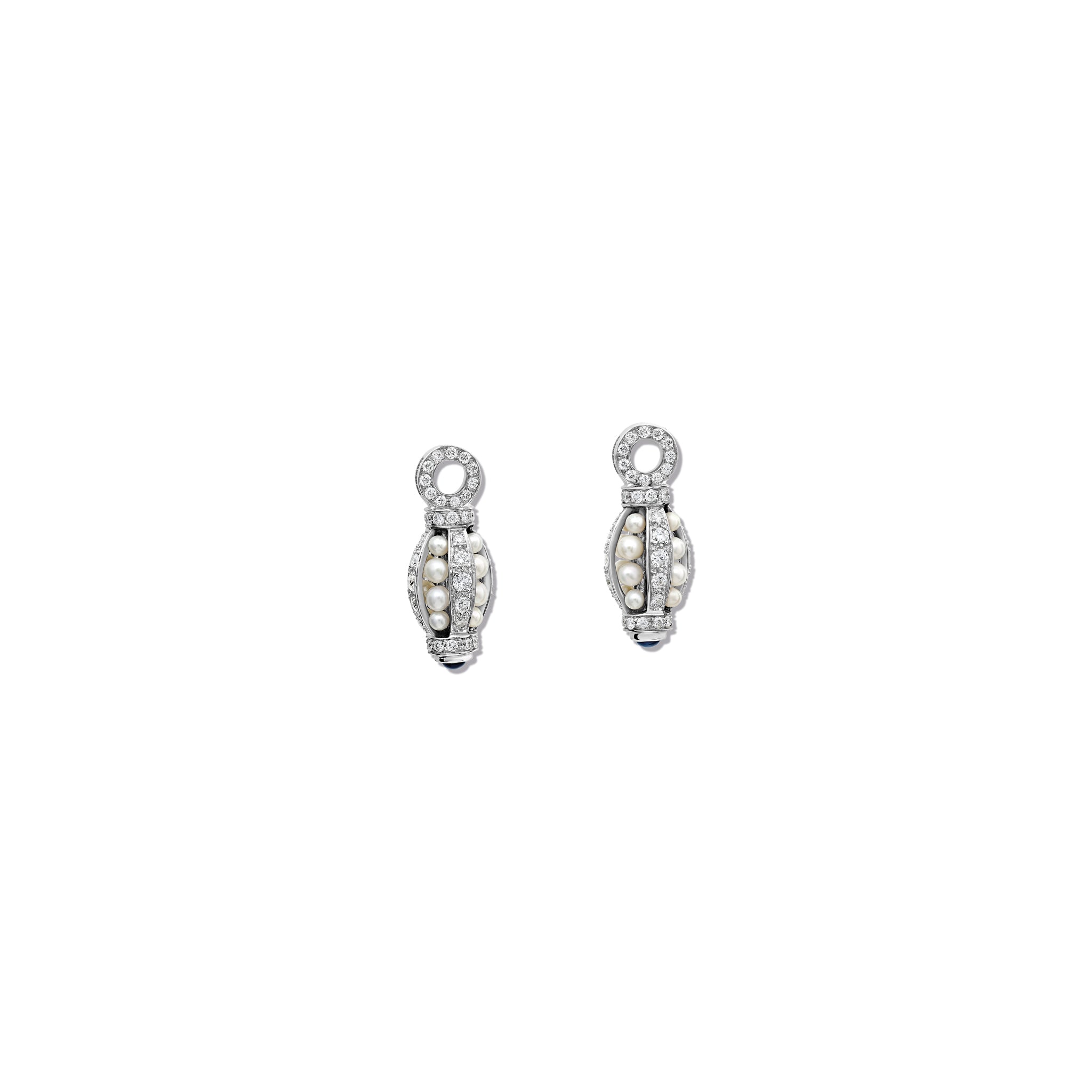 Handcrafted 18ct white gold teardrop shaped earring drops with pearls enclosed with diamonds and a sapphire at the bottom. 