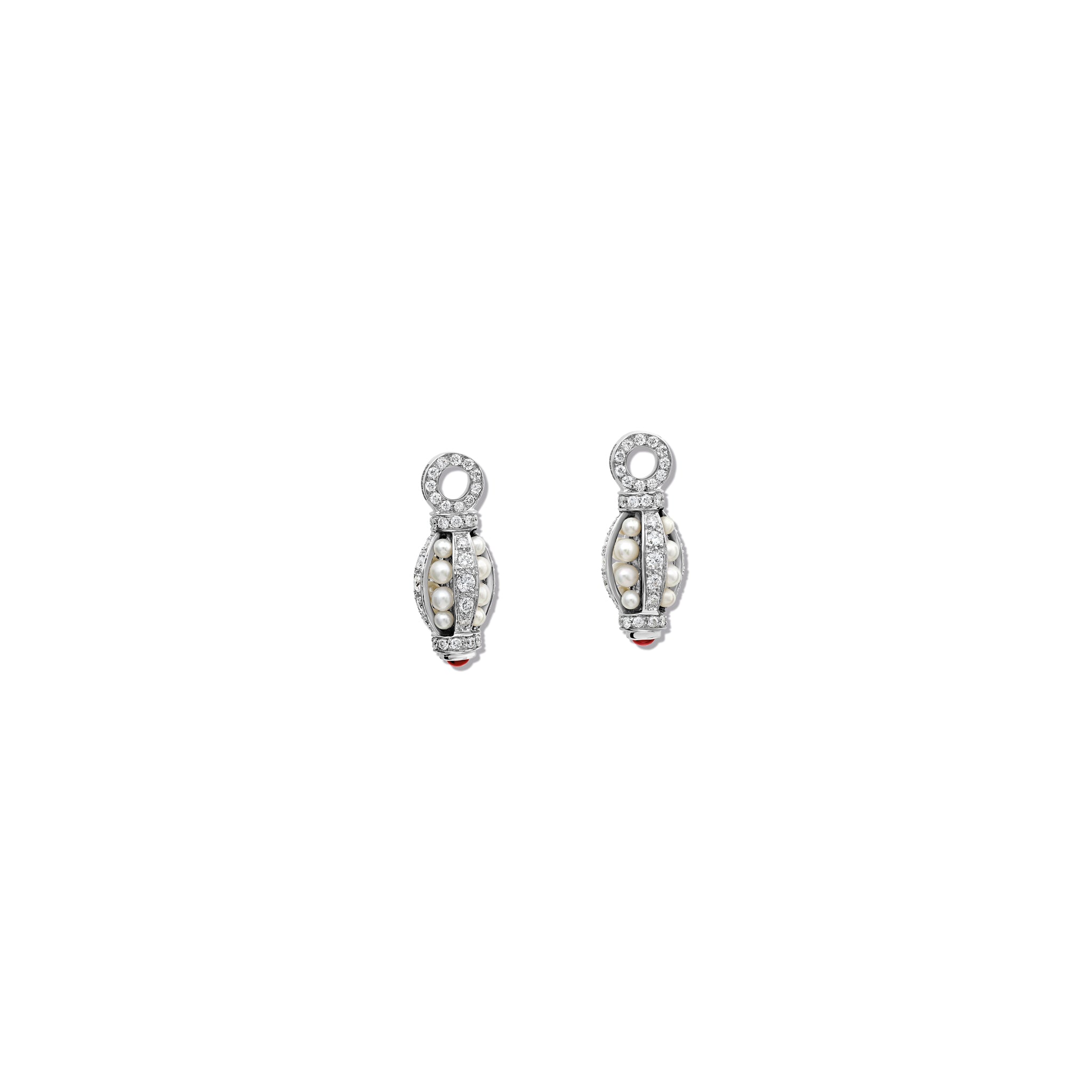 Handcrafted 18ct white gold teardrop shaped earring drops with pearls enclosed with diamonds and a ruby at the bottom. 