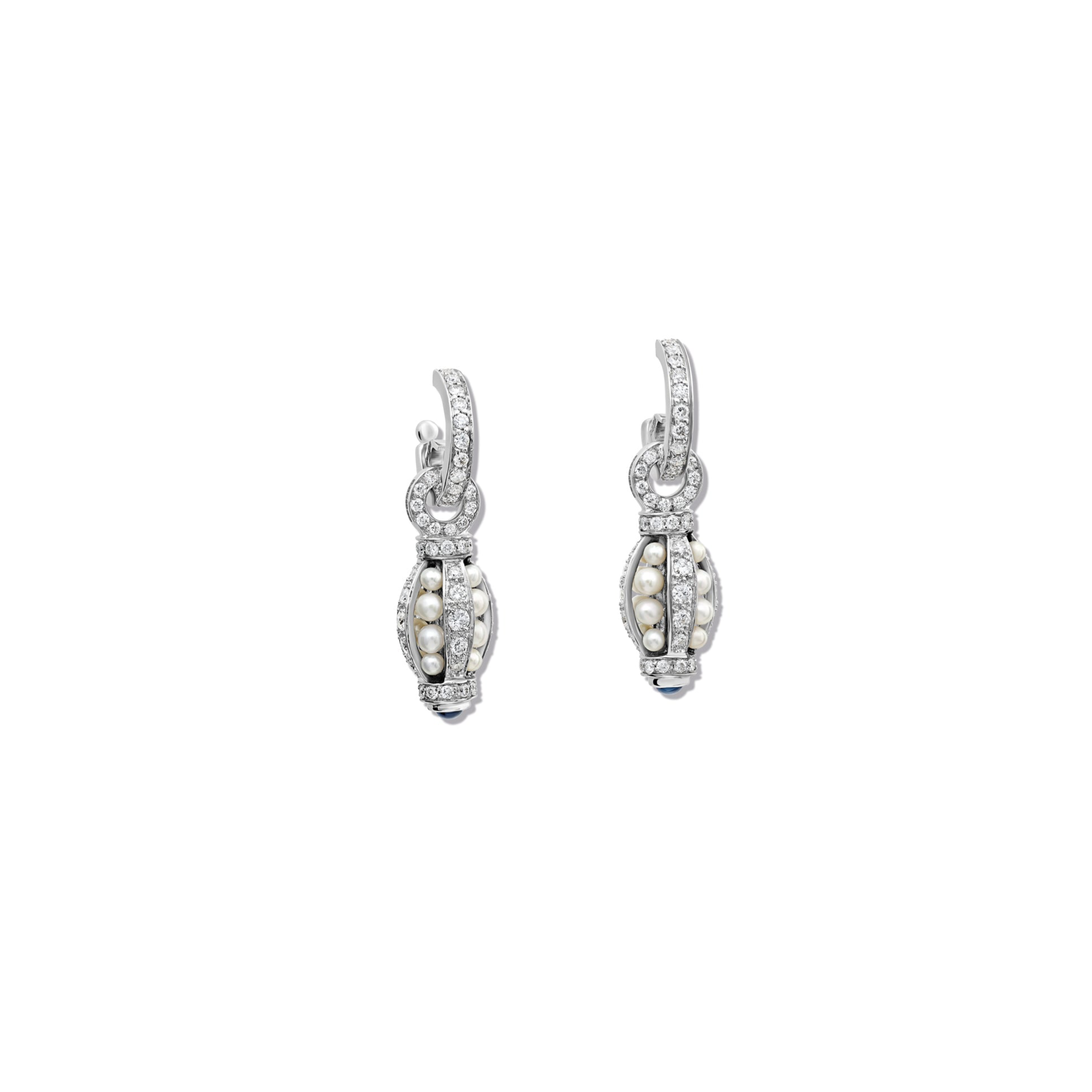 Handcrafted 18ct white gold teardrop shaped earring drops with pearls enclosed with diamonds and a sapphire at the bottom. 