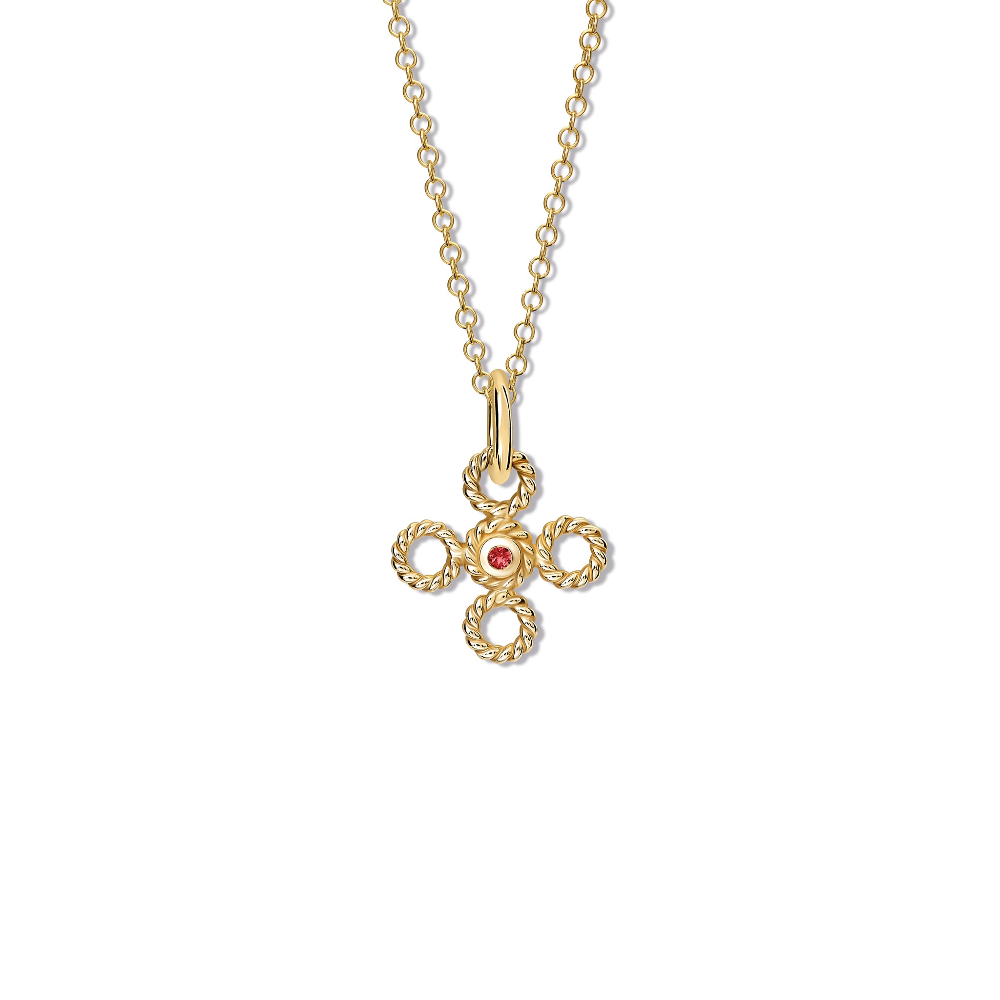 Handcrafted yellow gold necklace pendant featuring a textured rope-like shape with a ruby.
