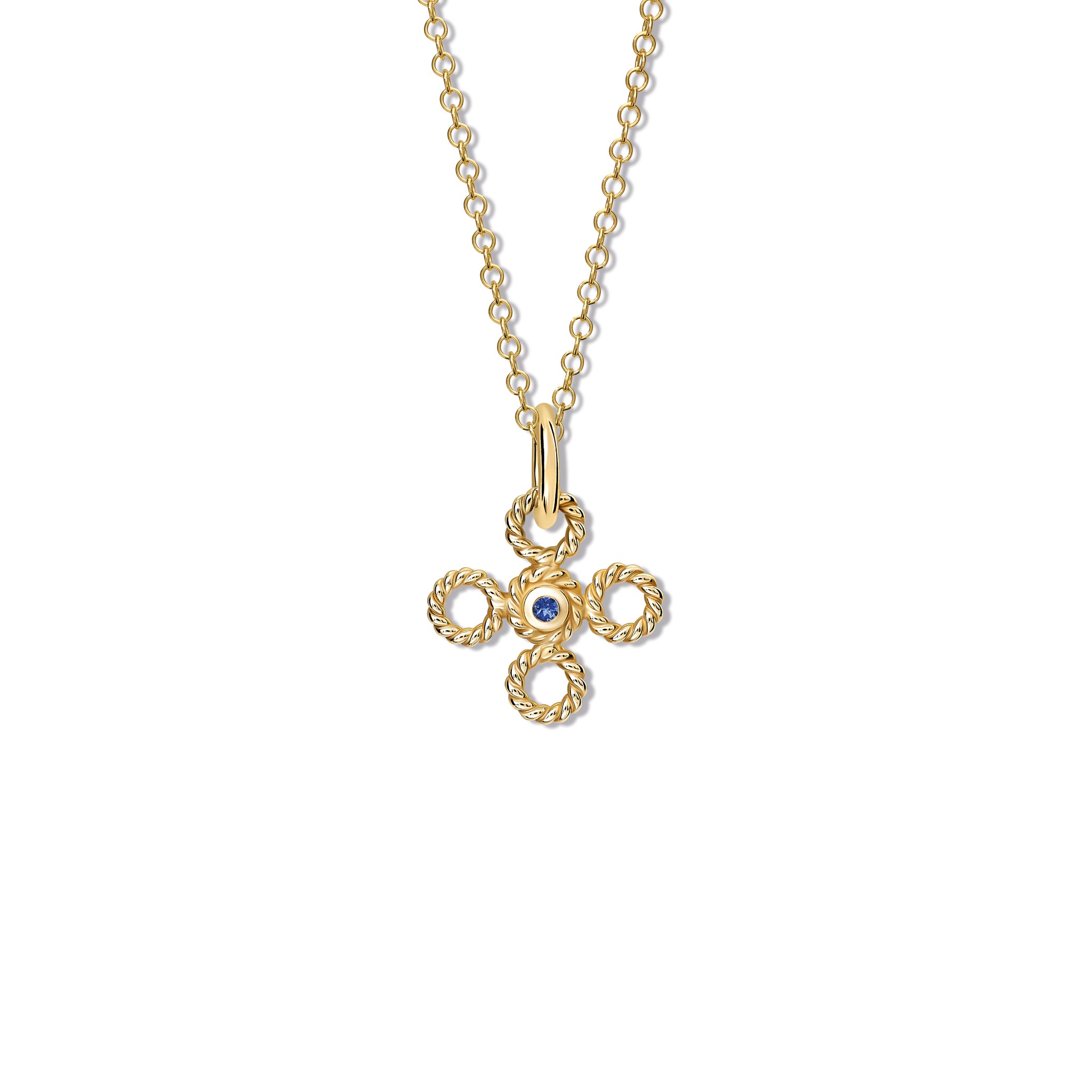 Handcrafted yellow gold necklace pendant featuring a textured rope-like shape with a sapphire.
