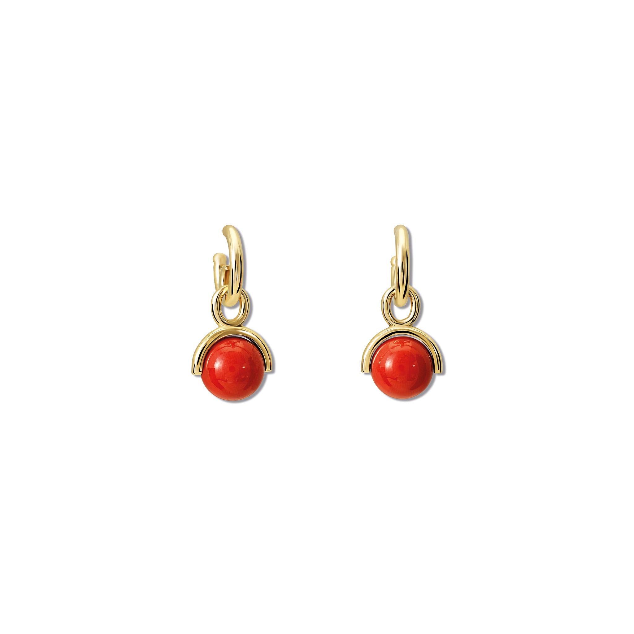 Handcrafted yellow gold earring drops featuring coral beads.
