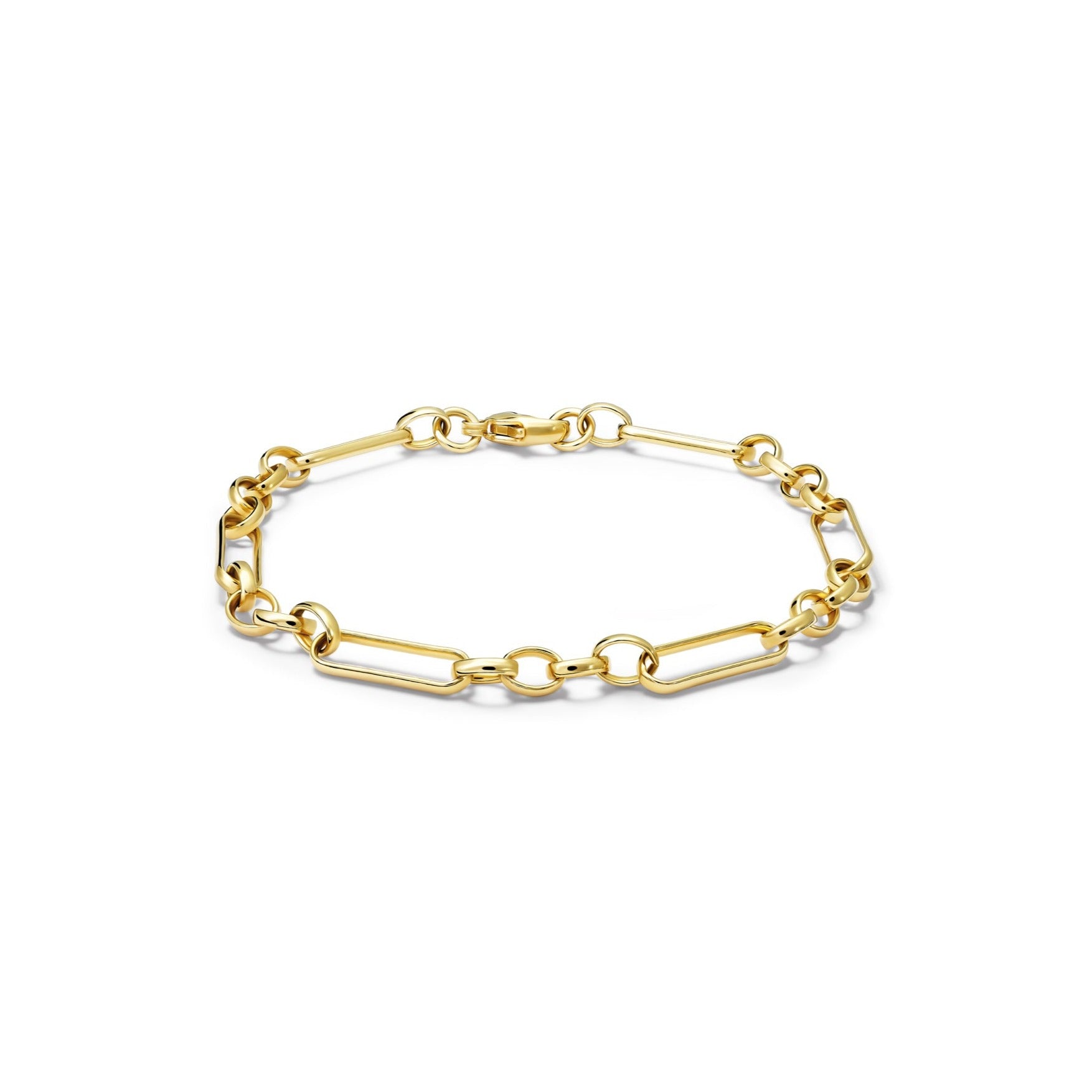 Handcrafted yellow gold chain bracelet featuring oval and rectangular links.