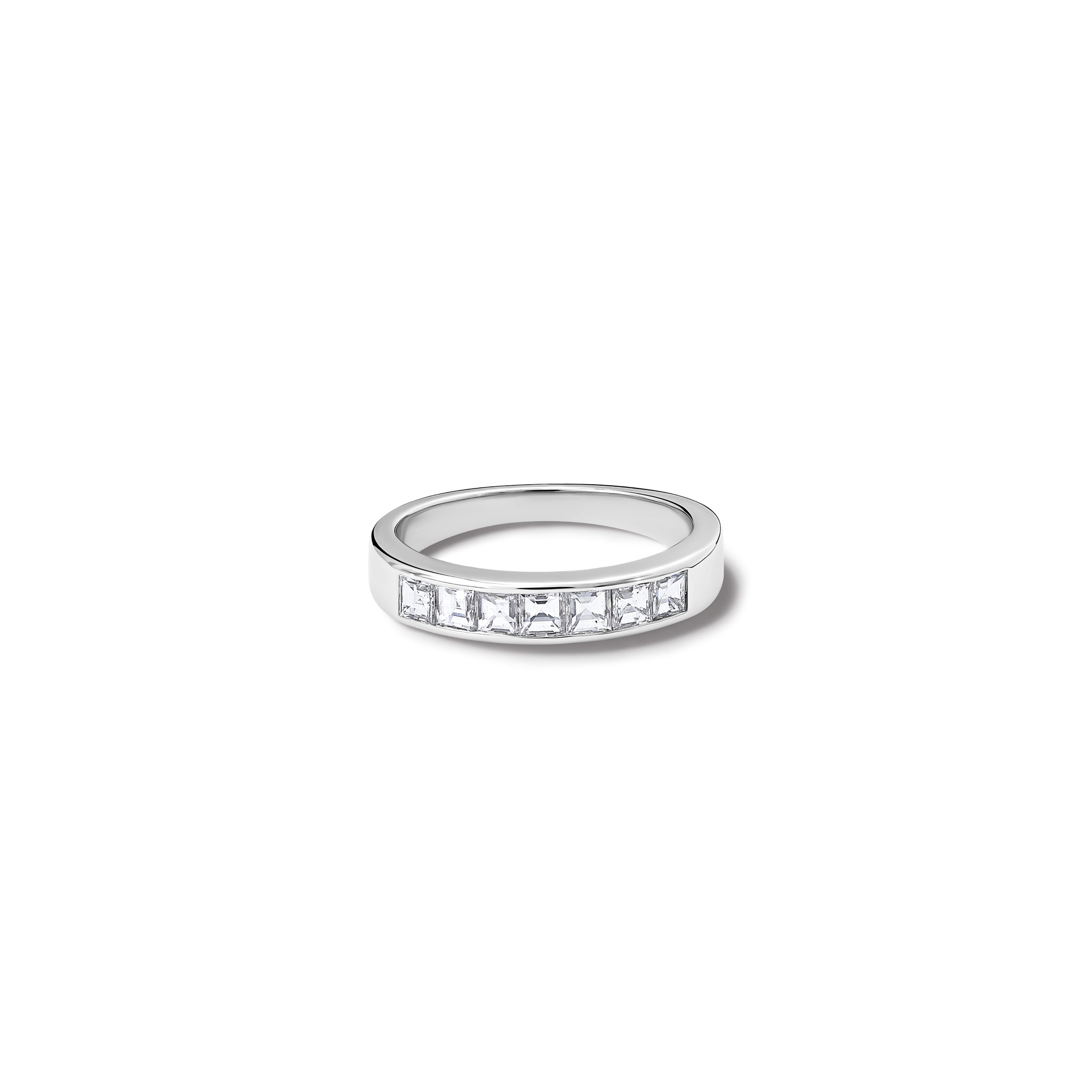 Handcrafted 18ct white gold half eternity ring with diamonds.
