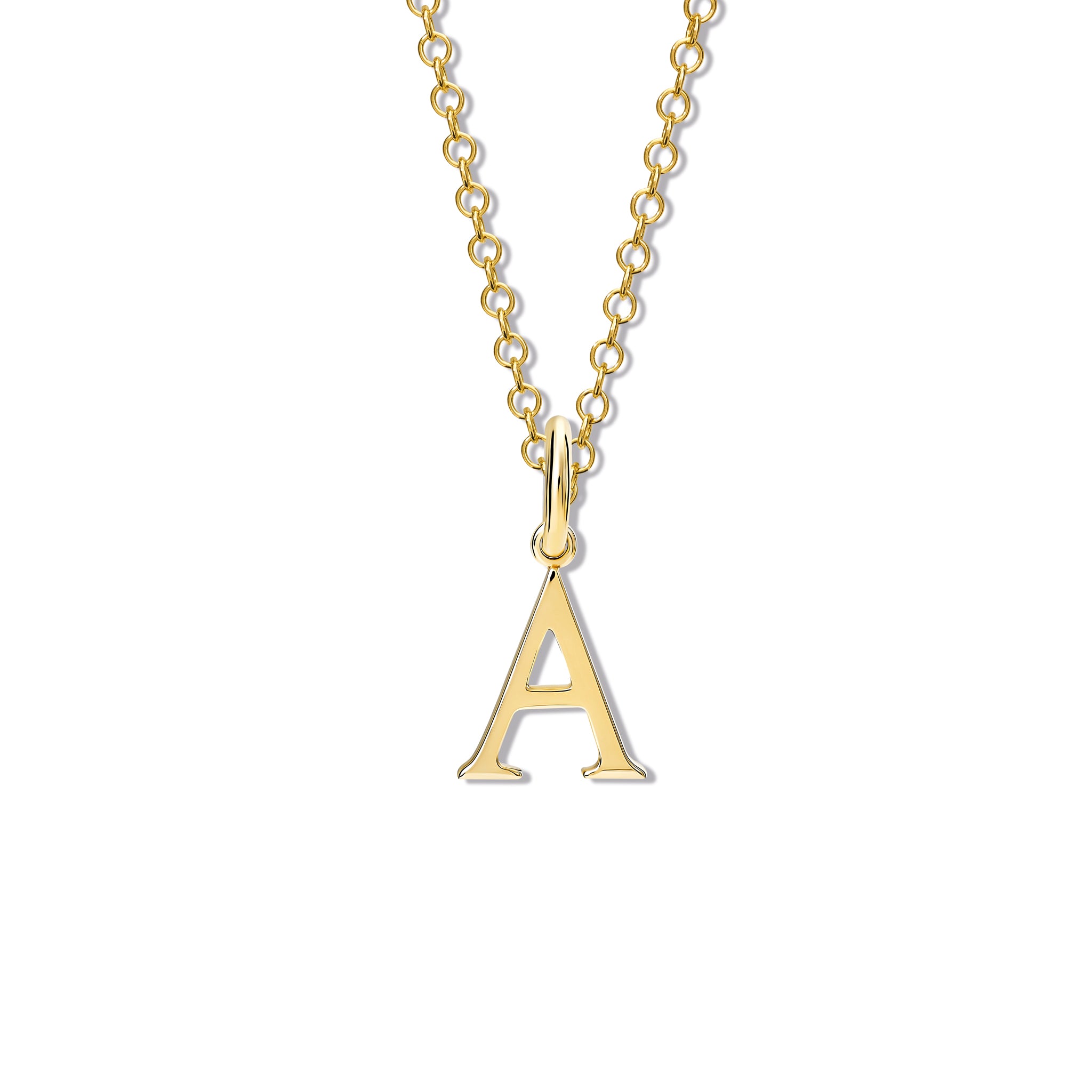 Handcrafted yellow gold initial A necklace pendant, with a loop at the top for chain attachment, on a chain.