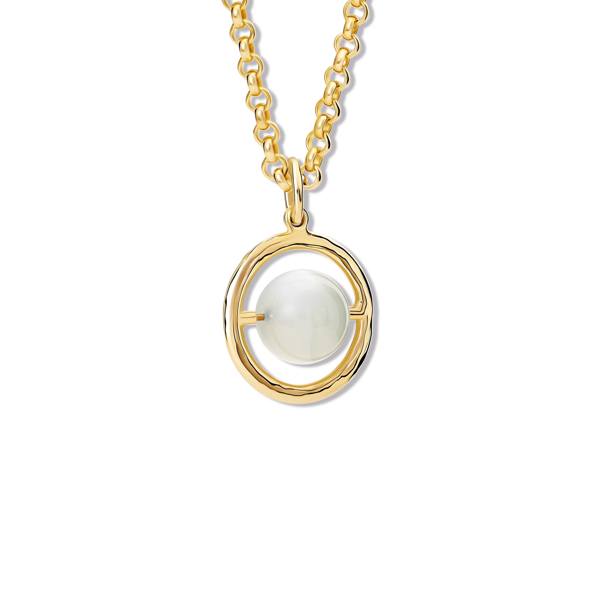 Handcrafted yellow gold necklace pendant featuring a circular frame that encircles a white pearl, birthstone of June.