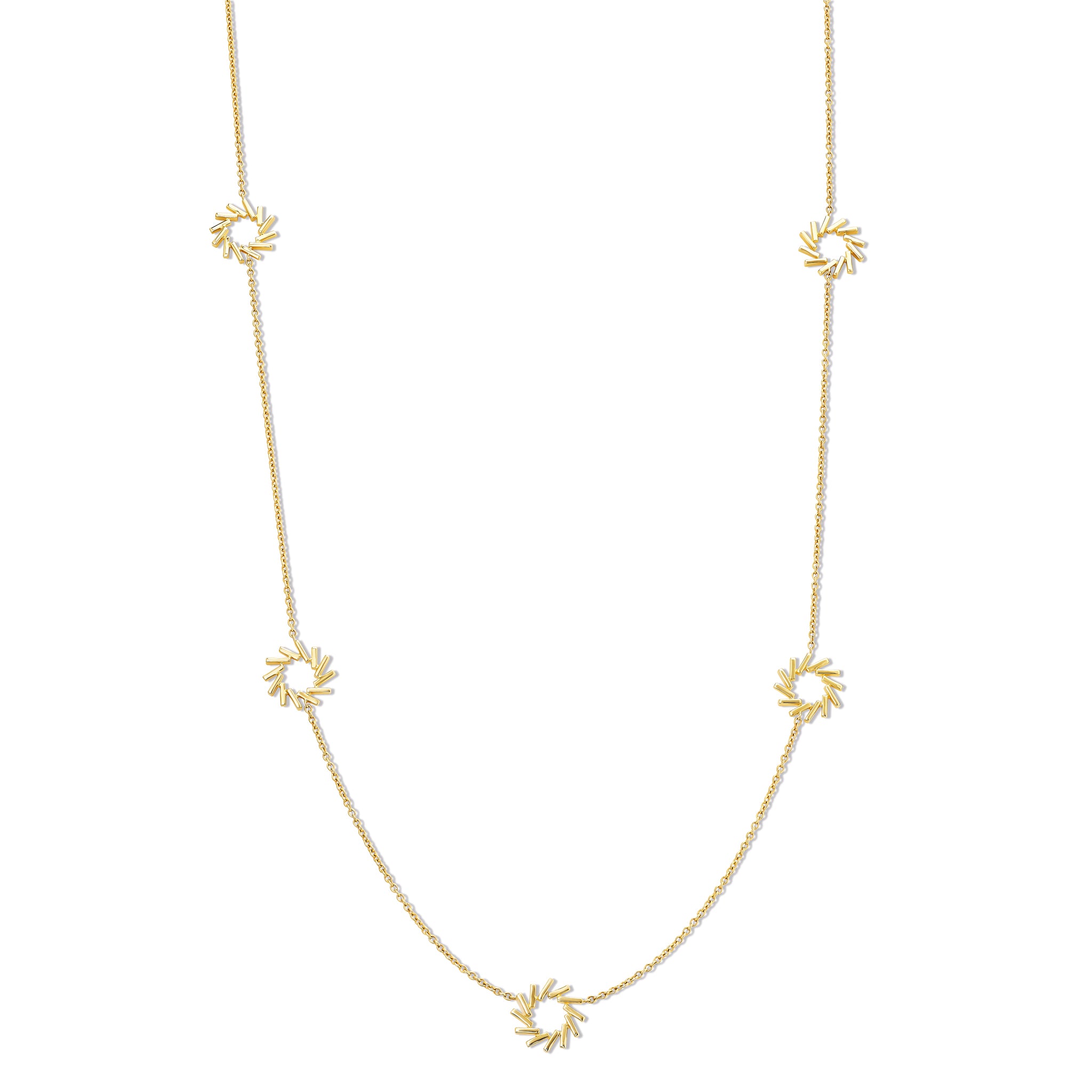 Handcrafted yellow gold necklace featuring a circular shapes of diagonal lines.
