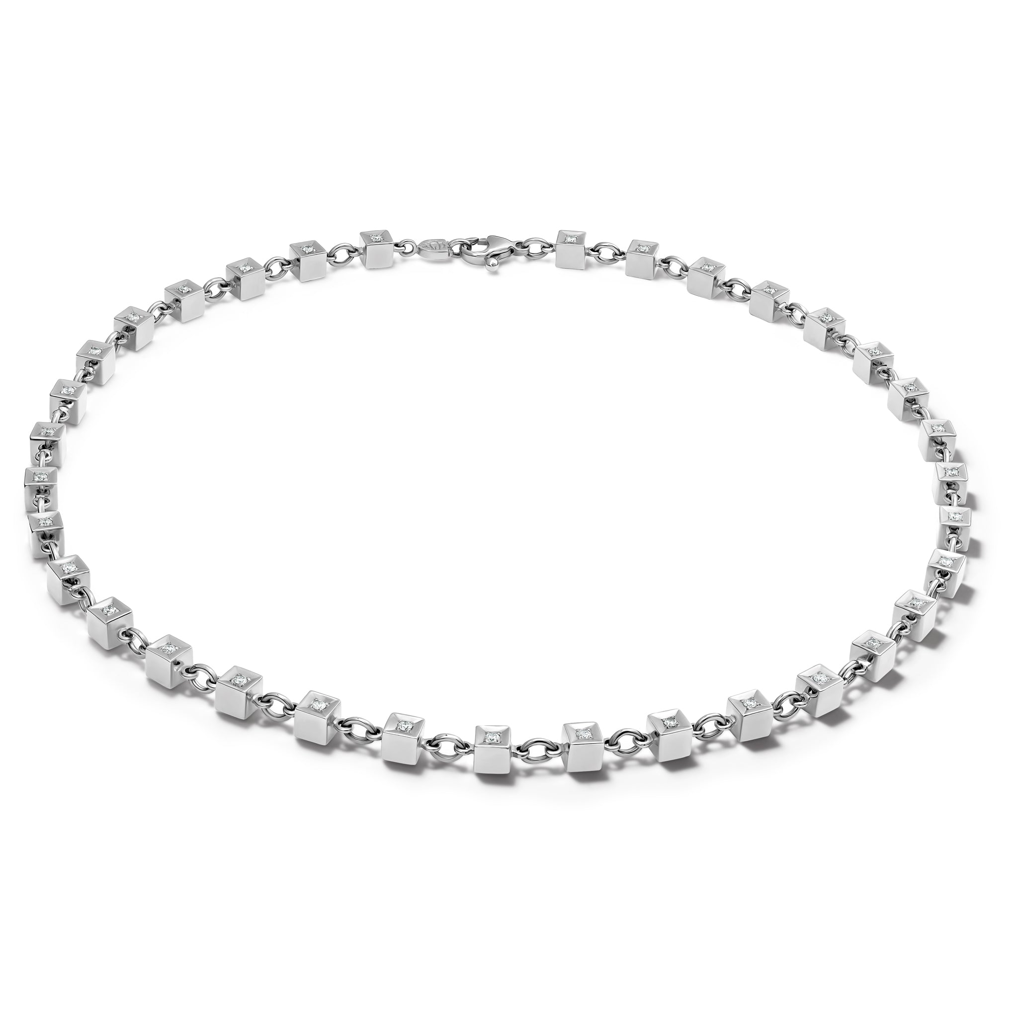 Handcrafted white gold necklace featuring boxes with diamonds.