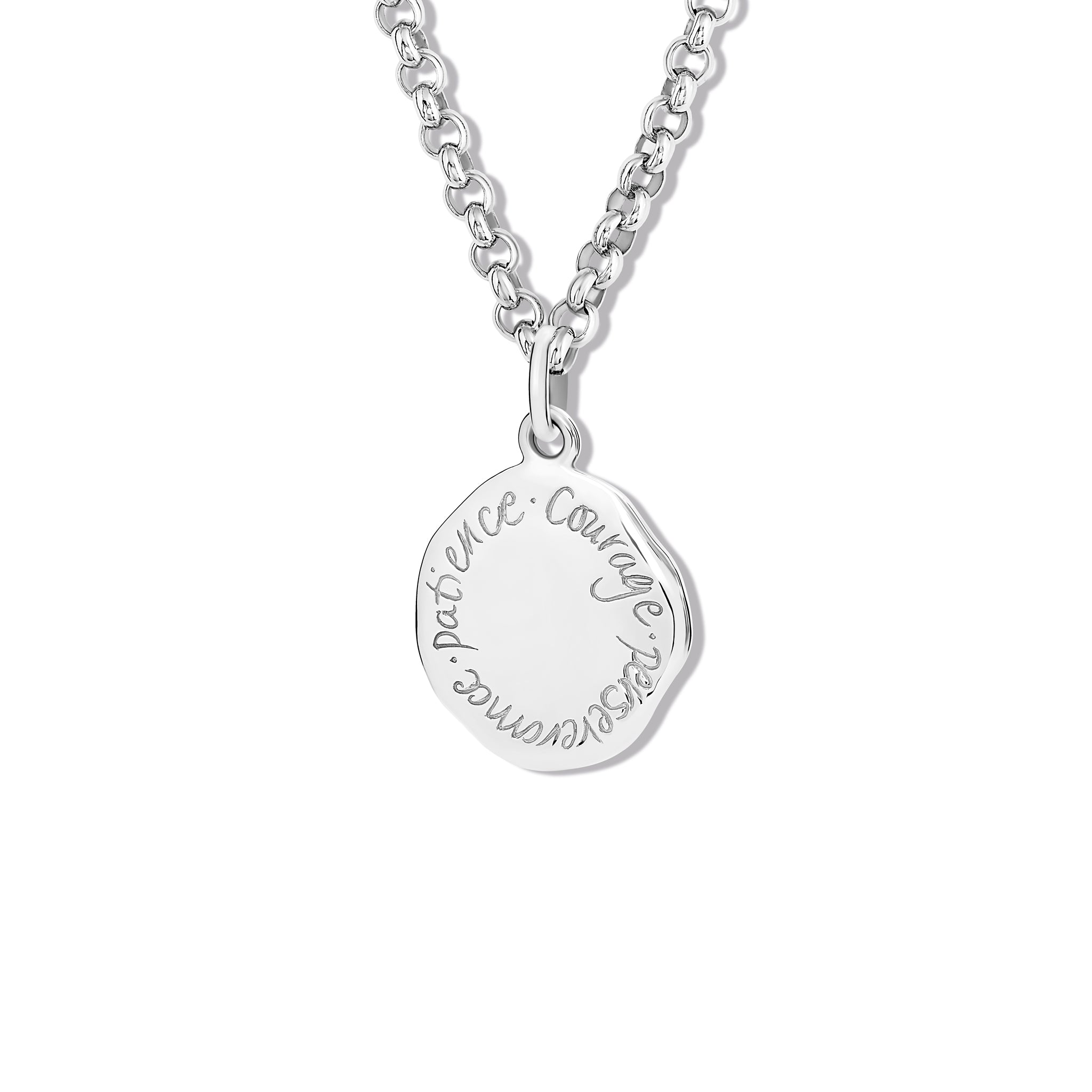 Handcrafted round sterling silver necklace pendant engraved with the quote, 'Courage, Perseverance, Patience.' 