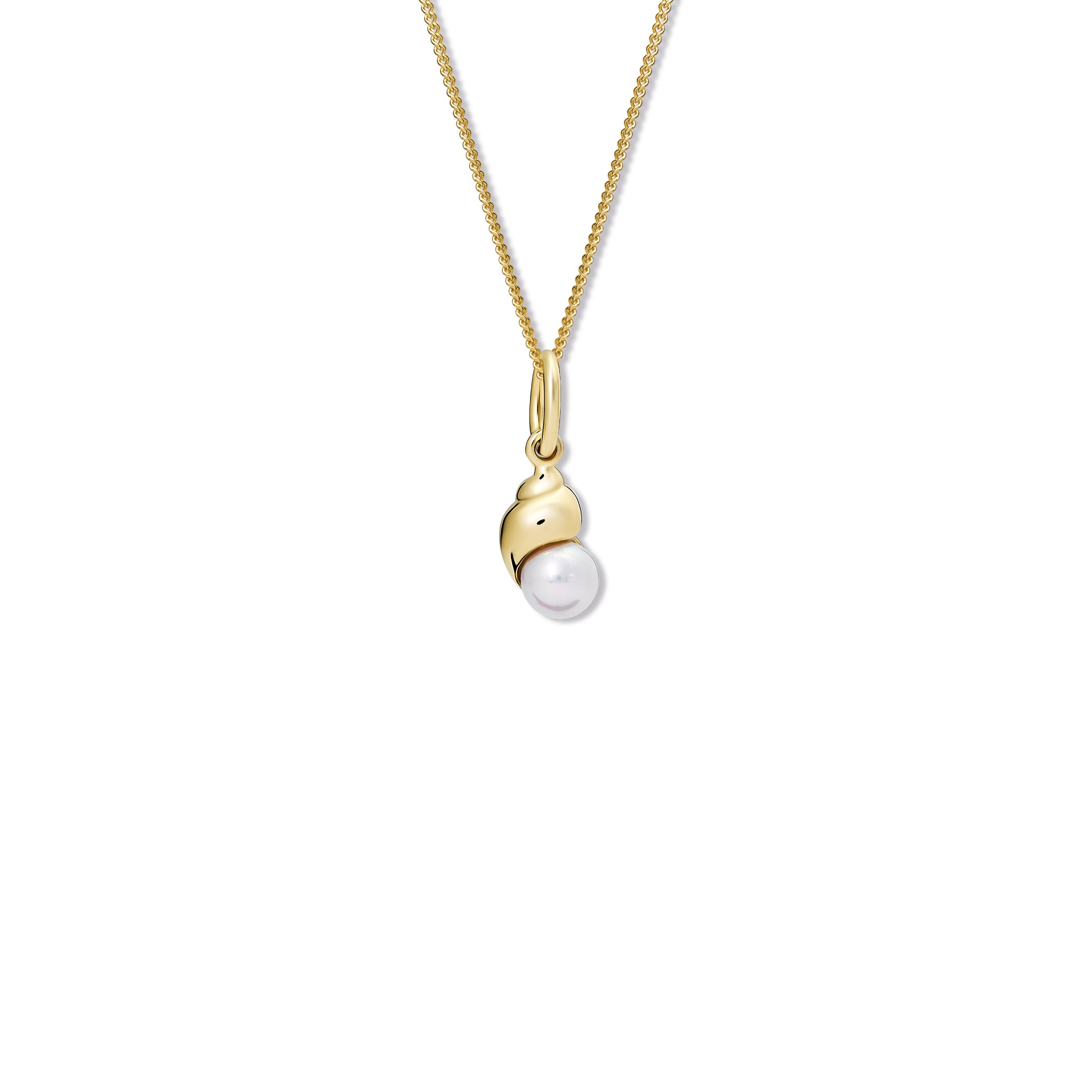 Handcrafted yellow gold shell shaped necklace pendant with a pearl.
