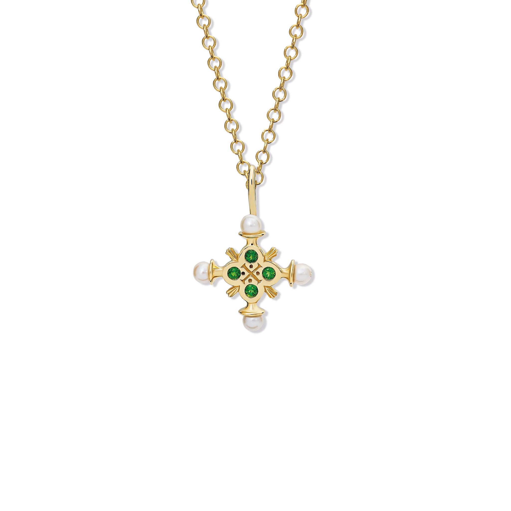 Handcrafted yellow gold cross pendant with chrome diopside and pearls.