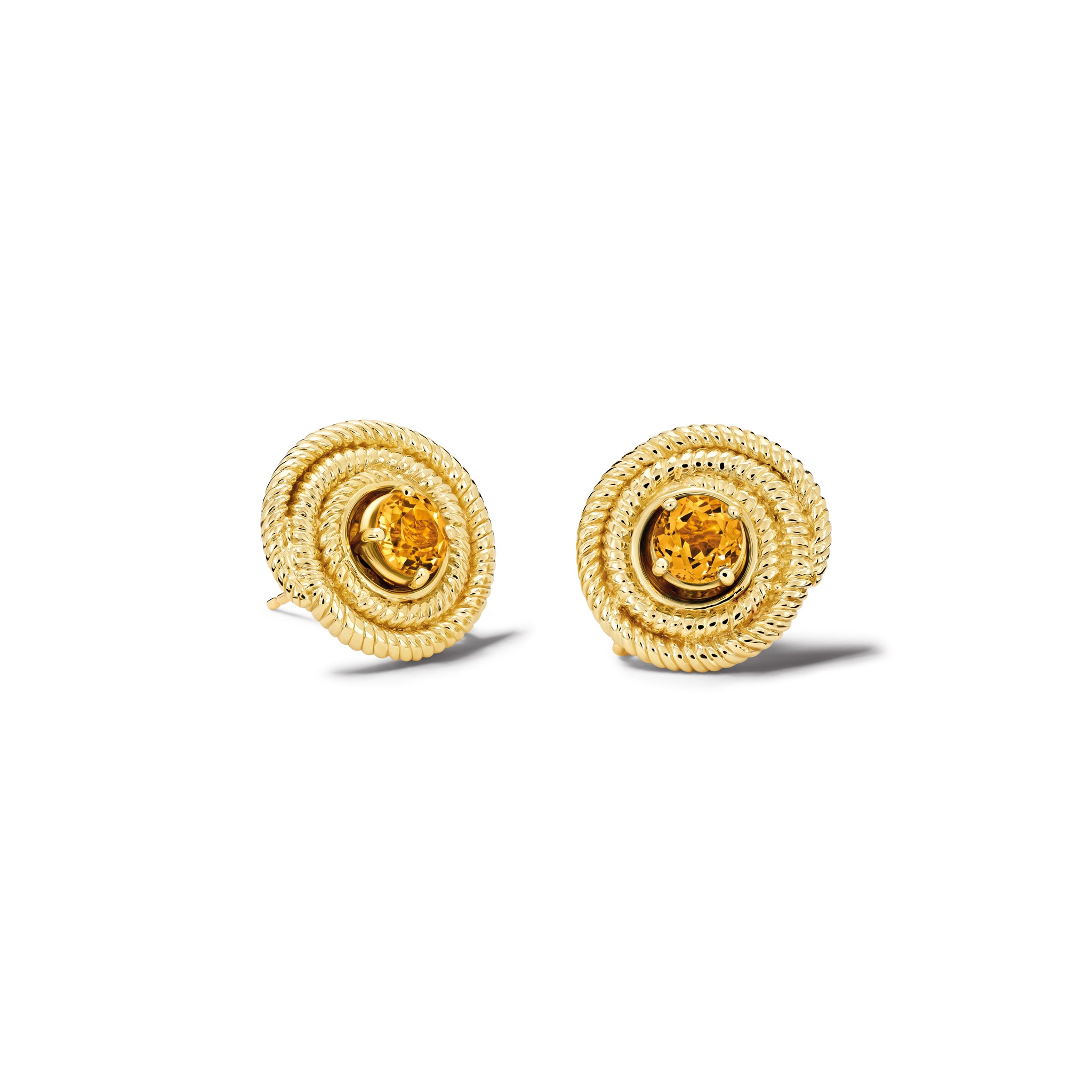 Handcrafted yellow gold earring halos with a woven swirl design, featuring a round central setting for a stud earring.