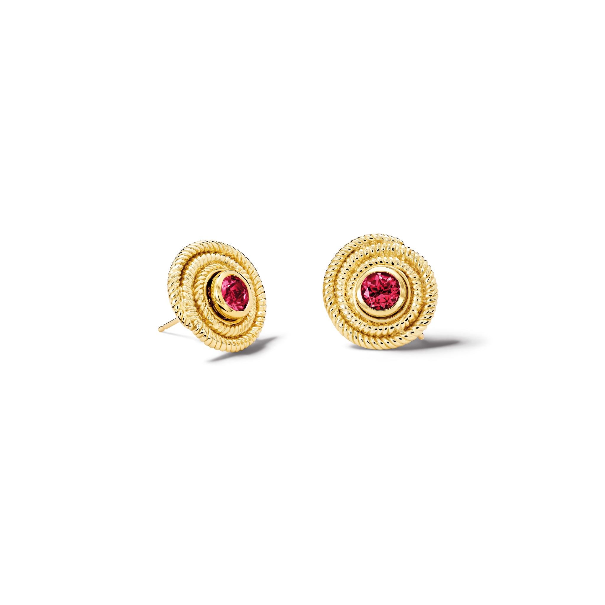 Handcrafted yellow gold earring halos with a woven swirl design, featuring a round central setting for a stud earring.