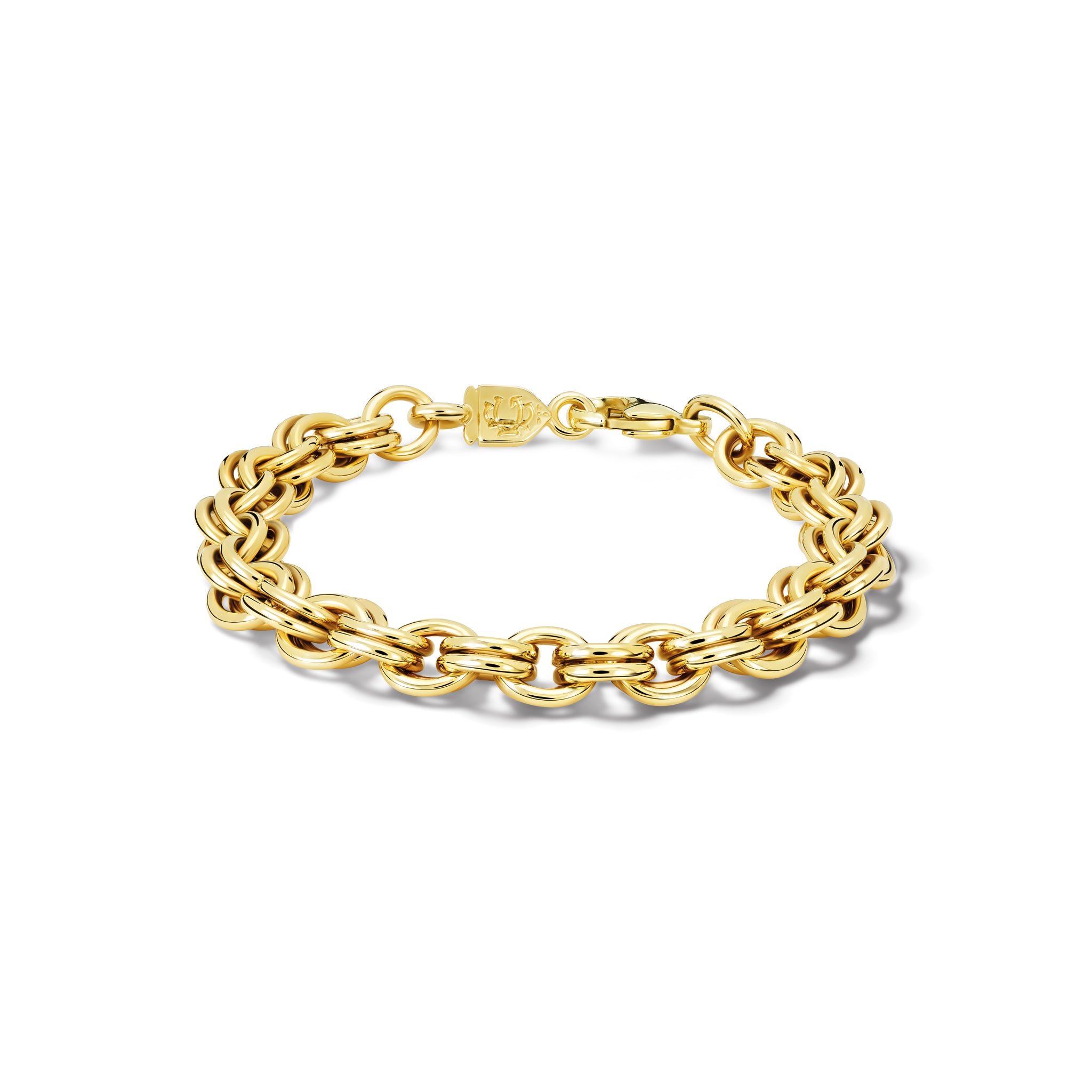 Handcrafted yellow gold bracelet featuring a design of interlocking double circles that connect seamlessly around the wrist.