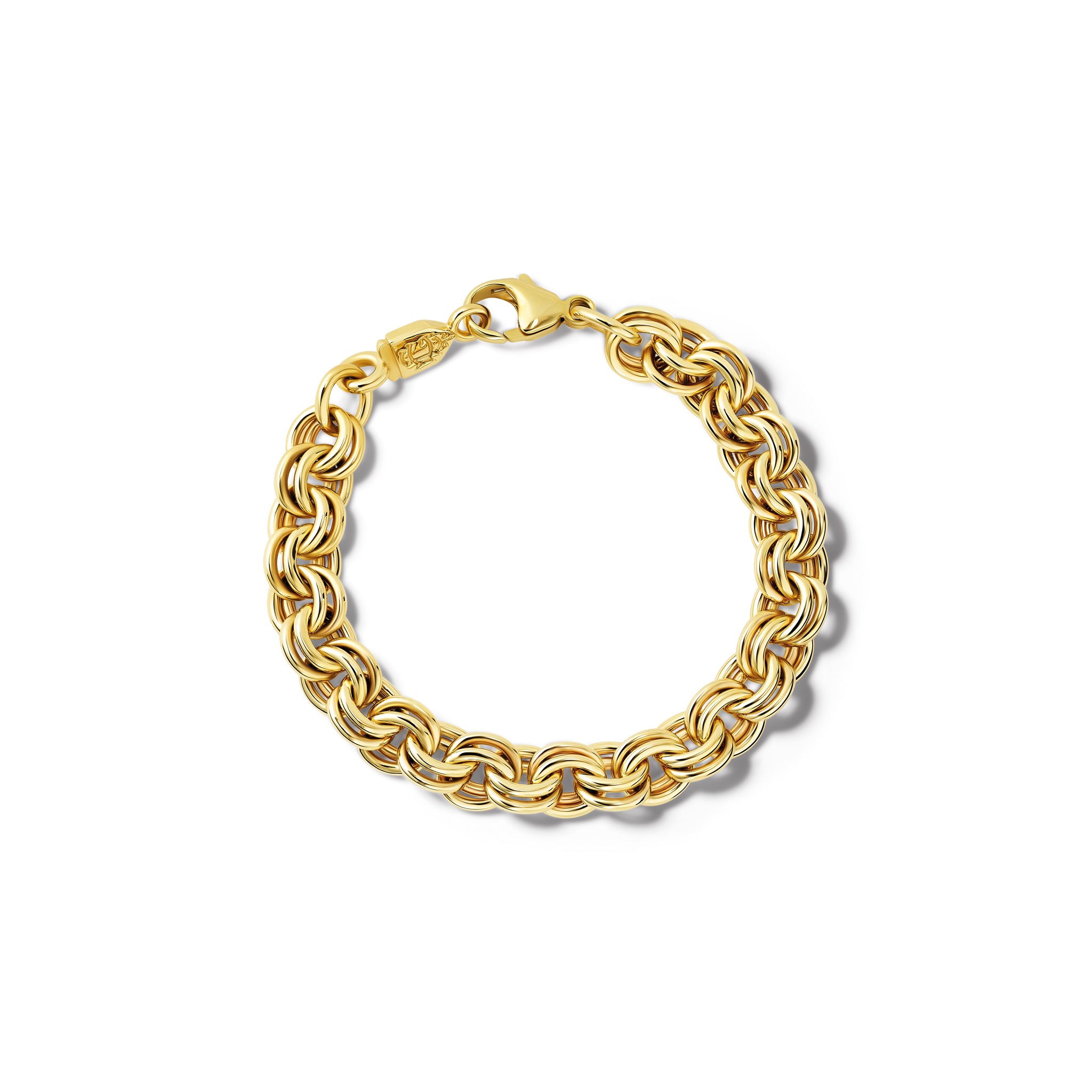 Handcrafted yellow gold bracelet featuring a design of interlocking double circles that connect seamlessly around the wrist.