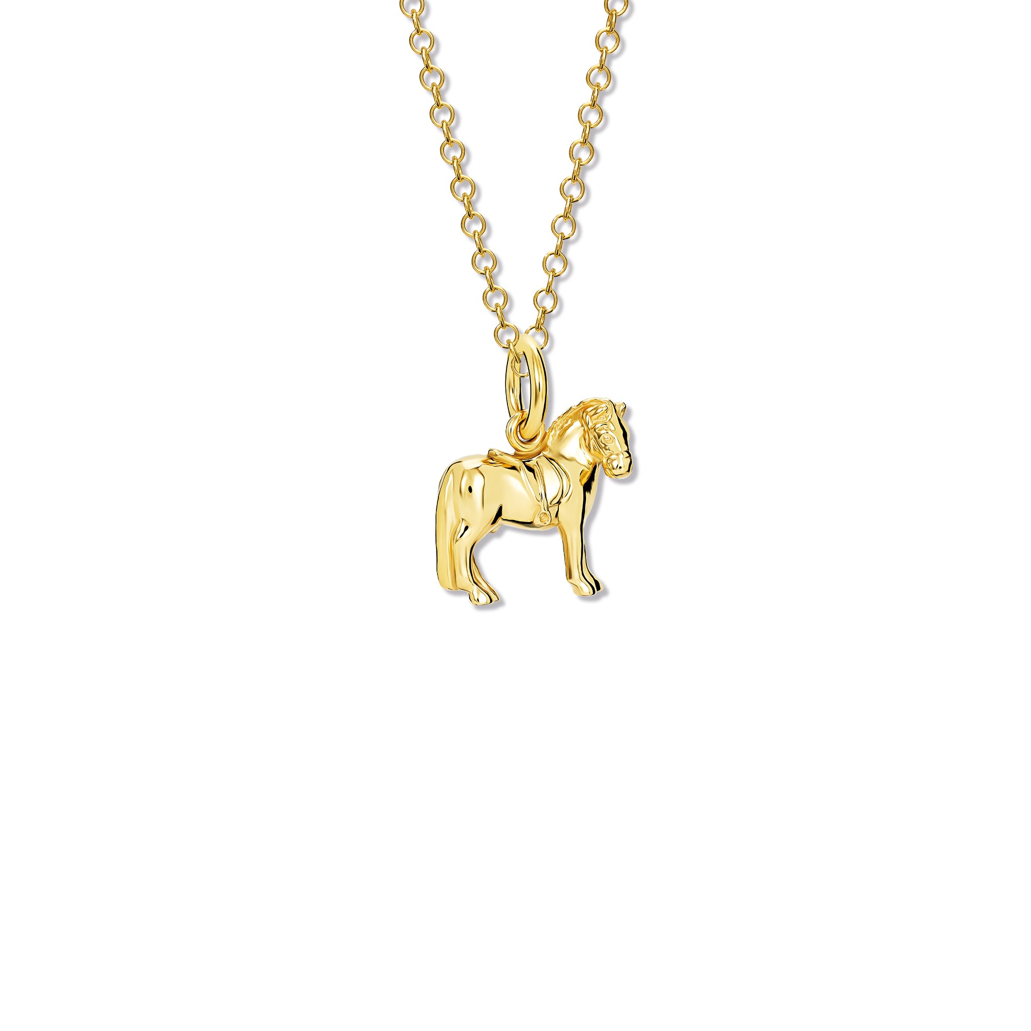 Handcrafted horse shaped necklace pendant in yellow gold.