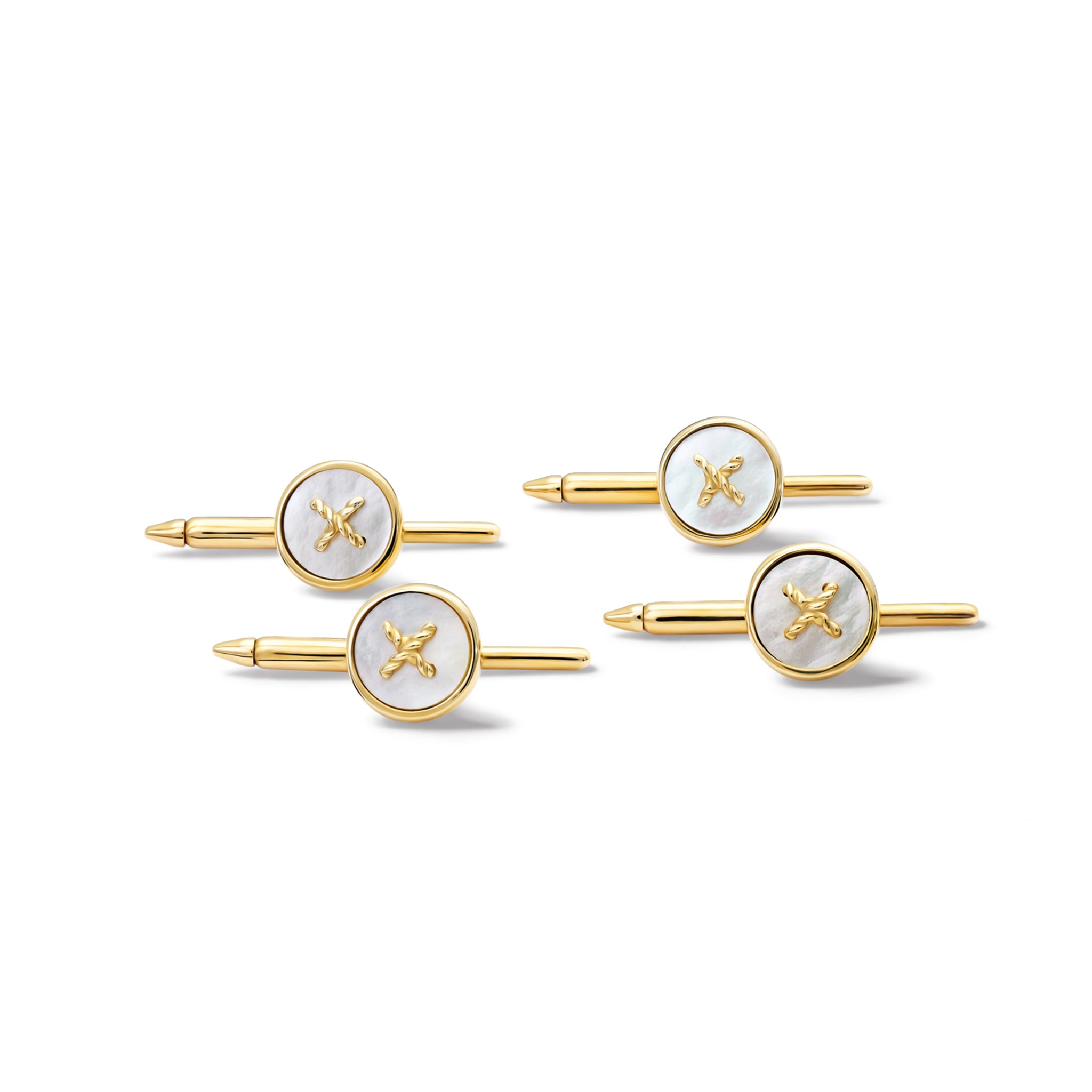 Handcrafted button dress studs in yellow gold featuring pearl, birthstone of June, with golden details.