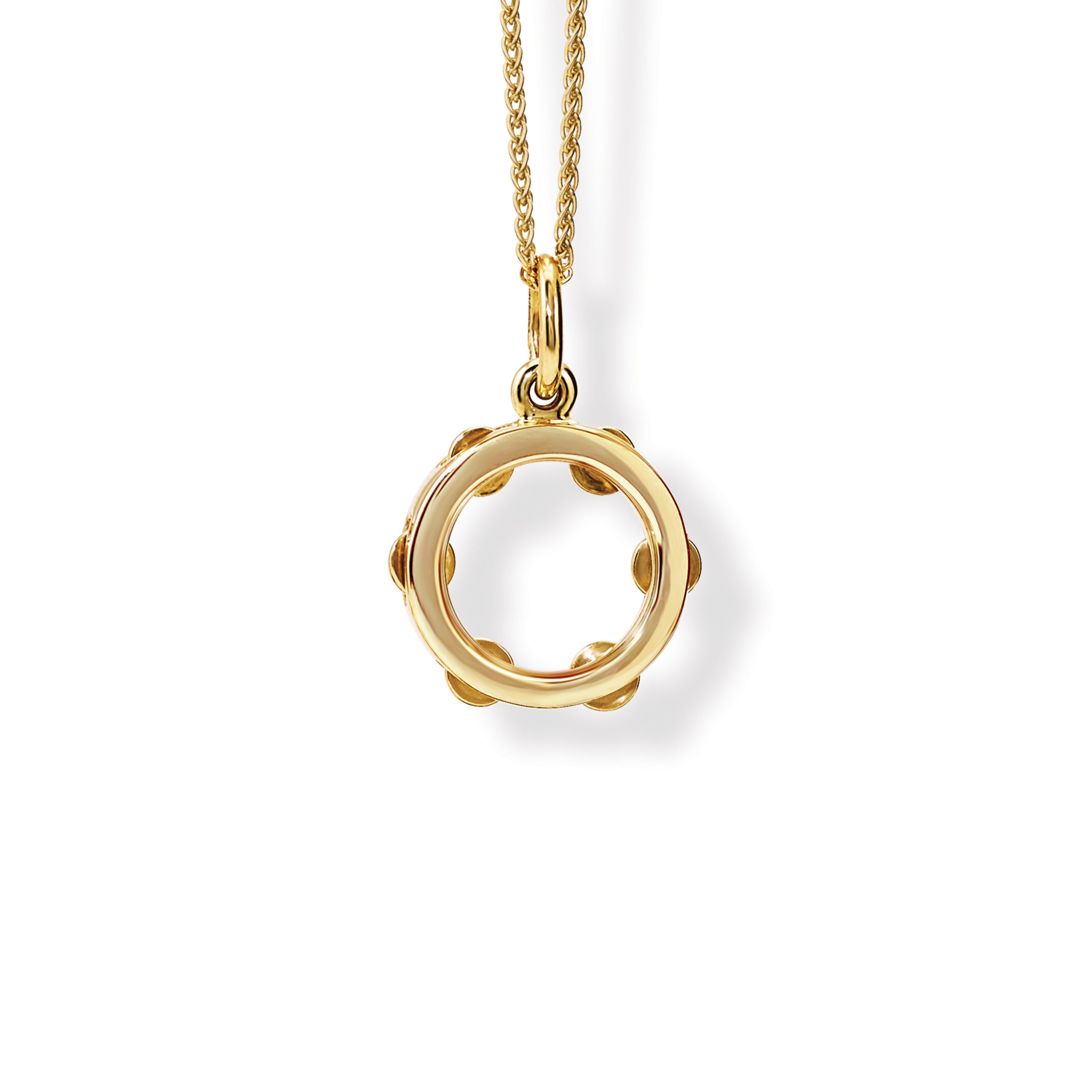 Handcrafted yellow gold necklace pendant featuring a circle surrounded by smaller circles. 