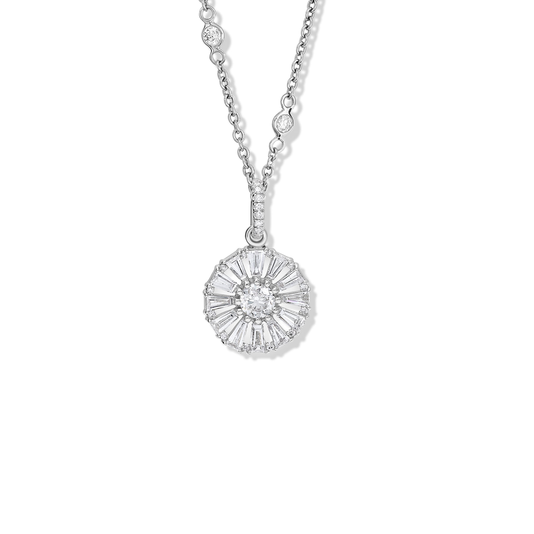 Handcrafted 18ct white gold circular necklace pendant with baguette cut diamond gemstones.
