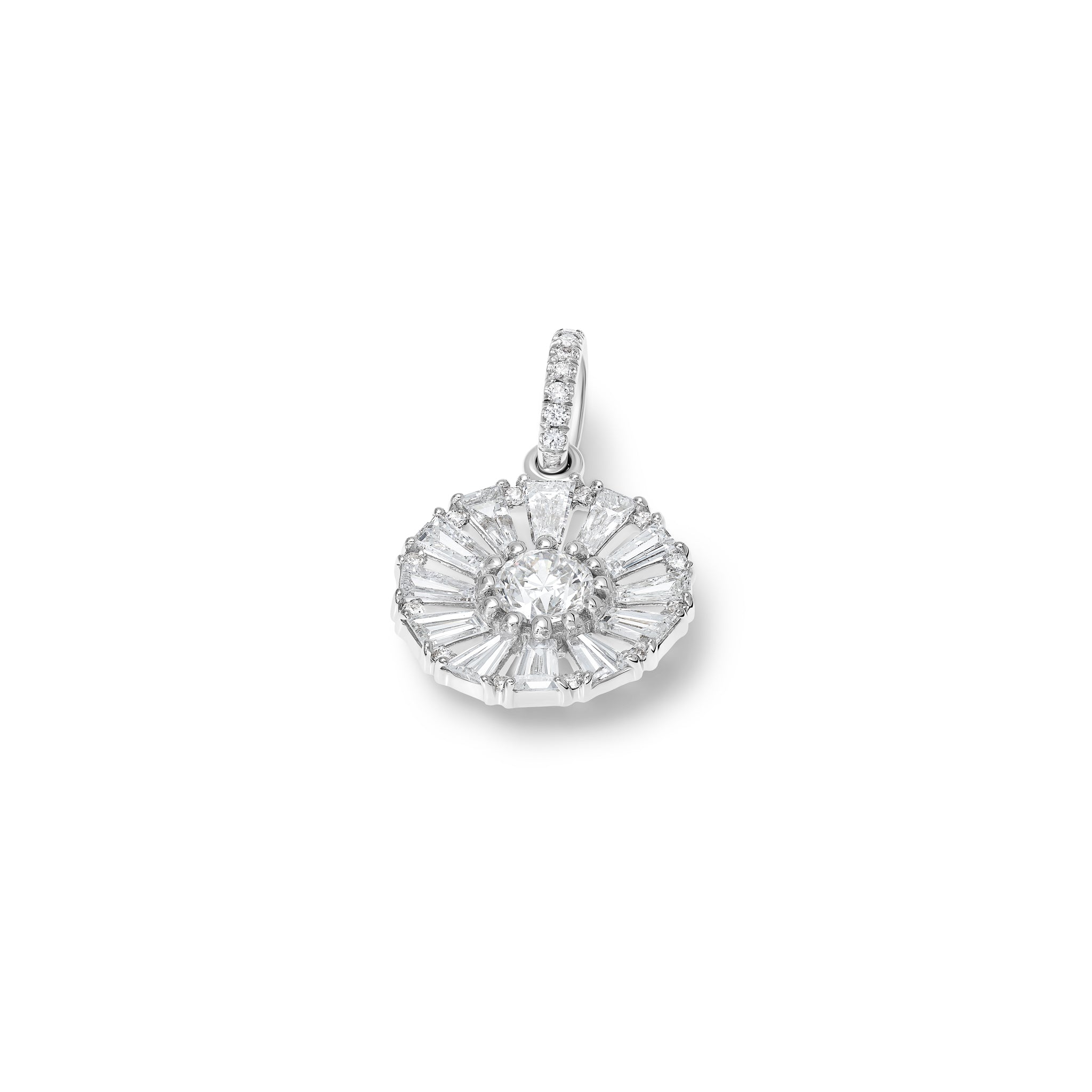 Handcrafted 18ct white gold circular necklace pendant with baguette cut diamond gemstones.
