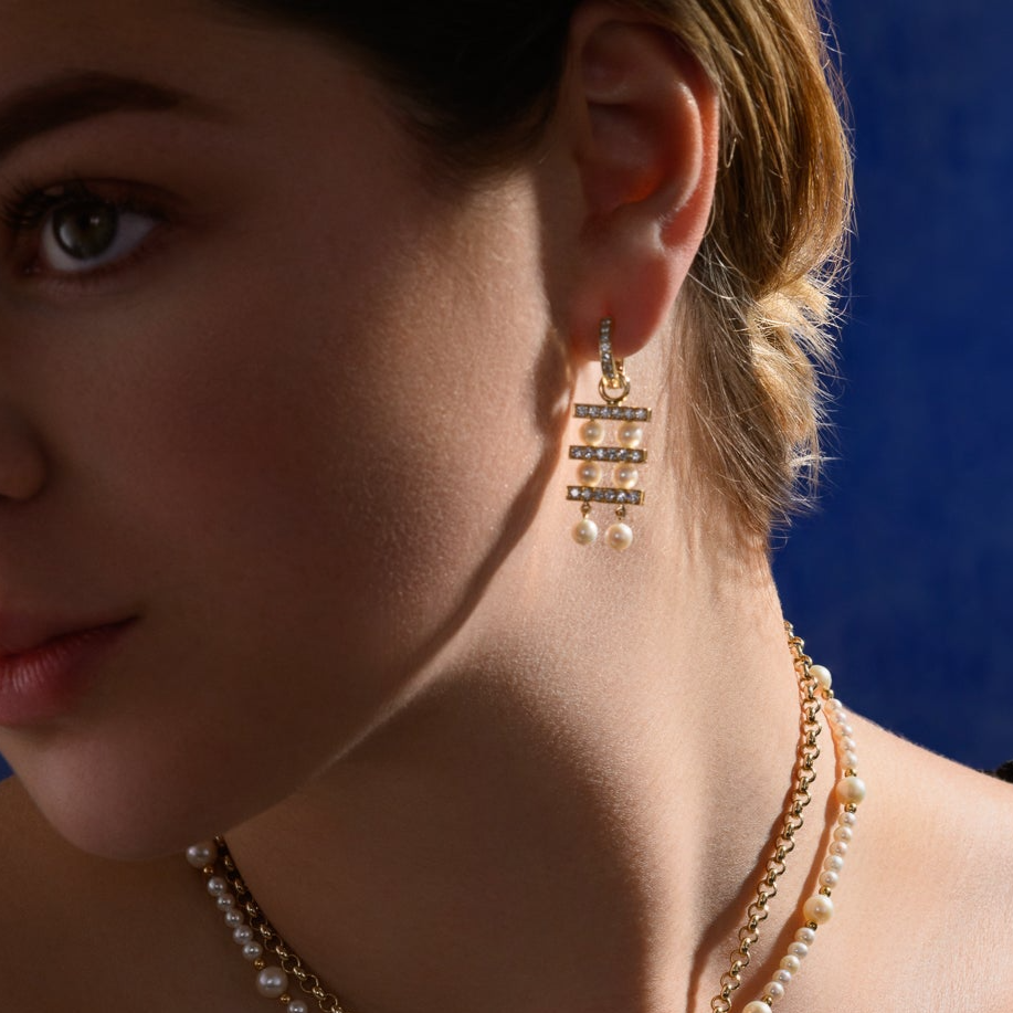 Couture Triple Earring Drops Yellow Gold - Diamond Pavé & Pearl