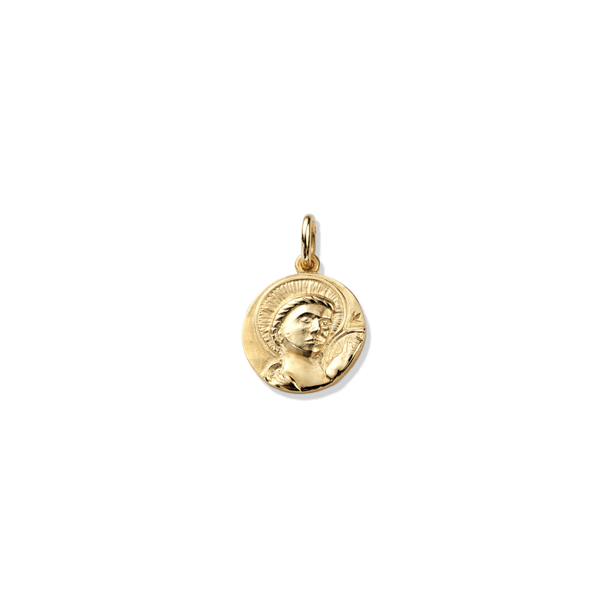 Handcrafted round yellow gold necklace pendant featuring an engraving of Saint Anthony, with a loop at the top for chain attachment.