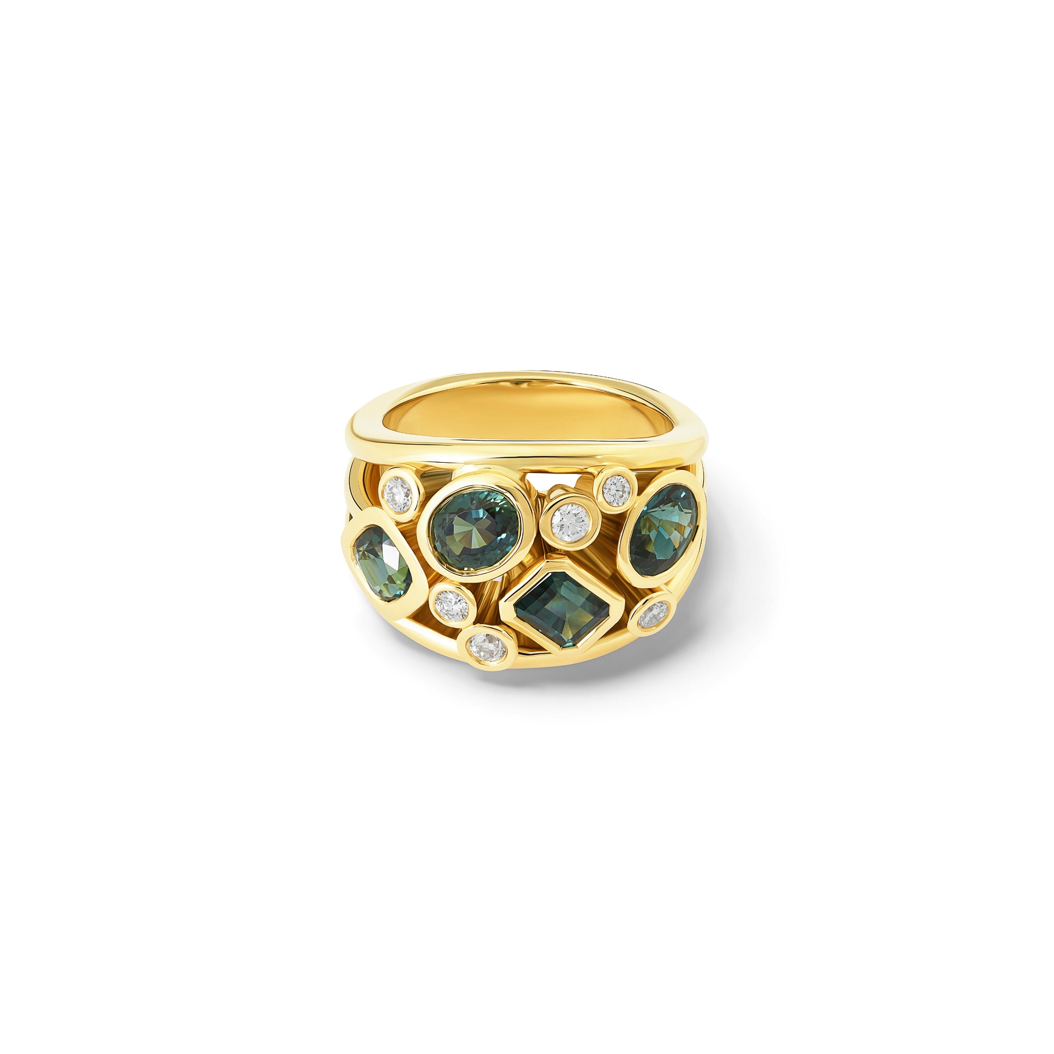 Handcrafted 18ct yellow gold ring featuring four green sapphires and smaller diamonds.