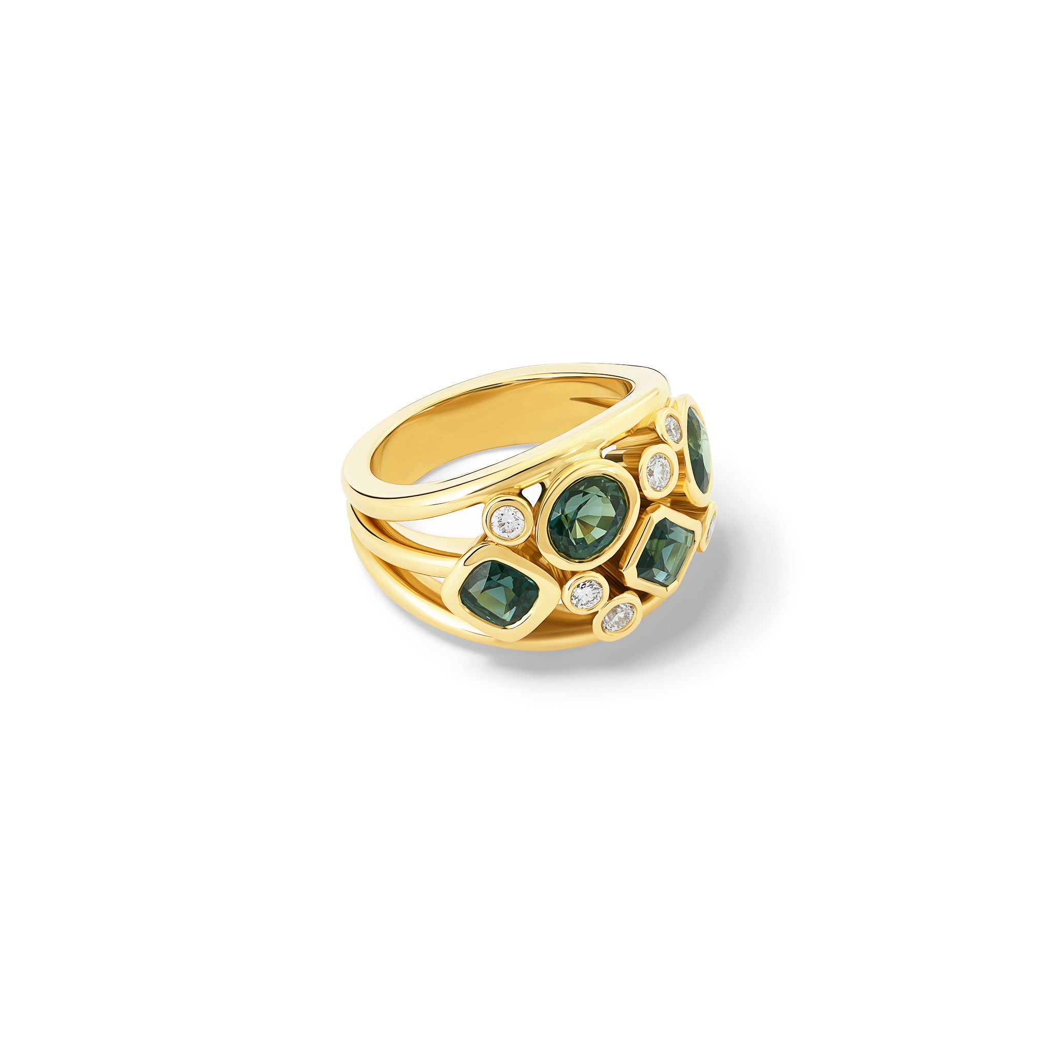 Handcrafted 18ct yellow gold ring featuring four green sapphires and smaller diamonds.