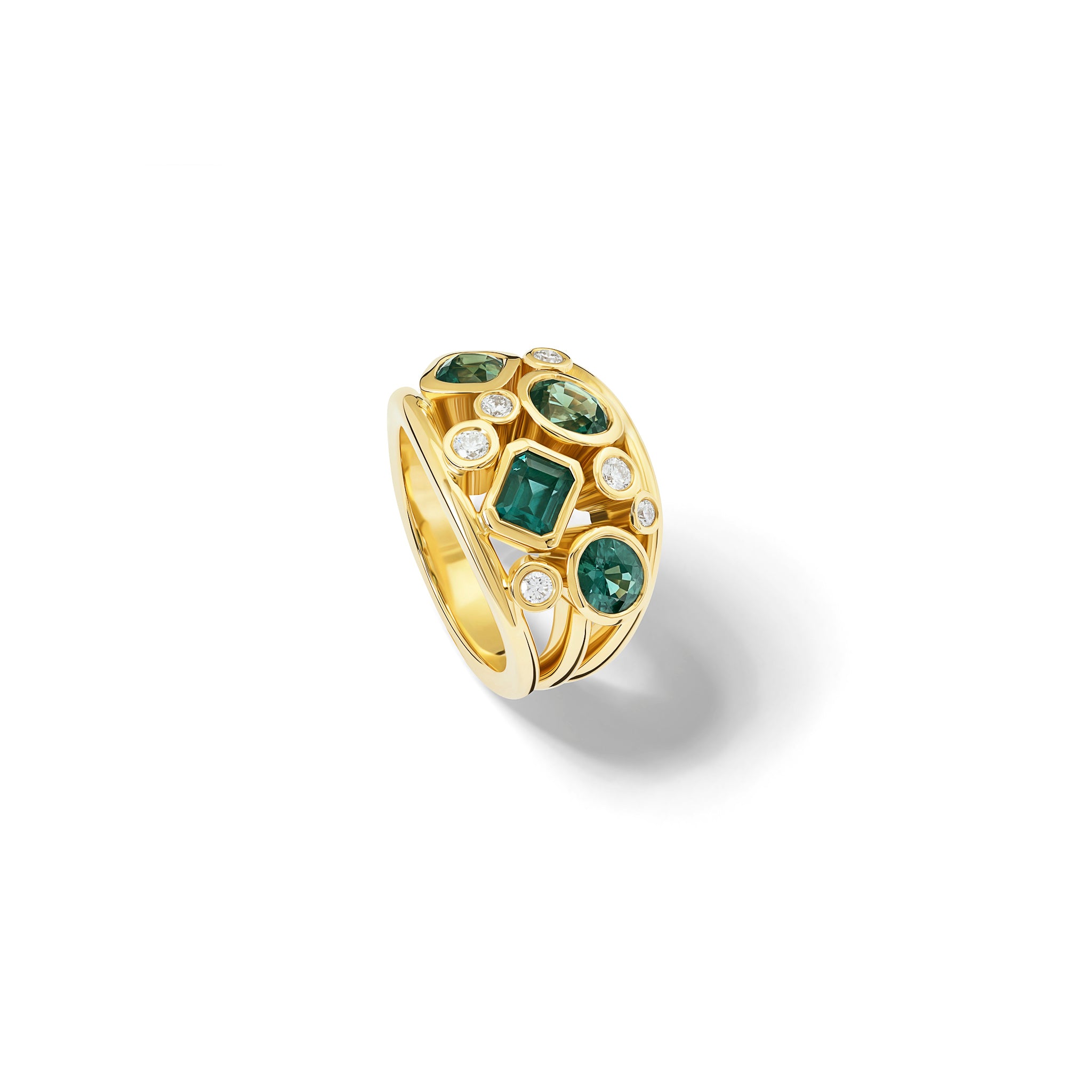 Handcrafted 18ct yellow gold ring featuring four green sapphires and smaller diamonds.