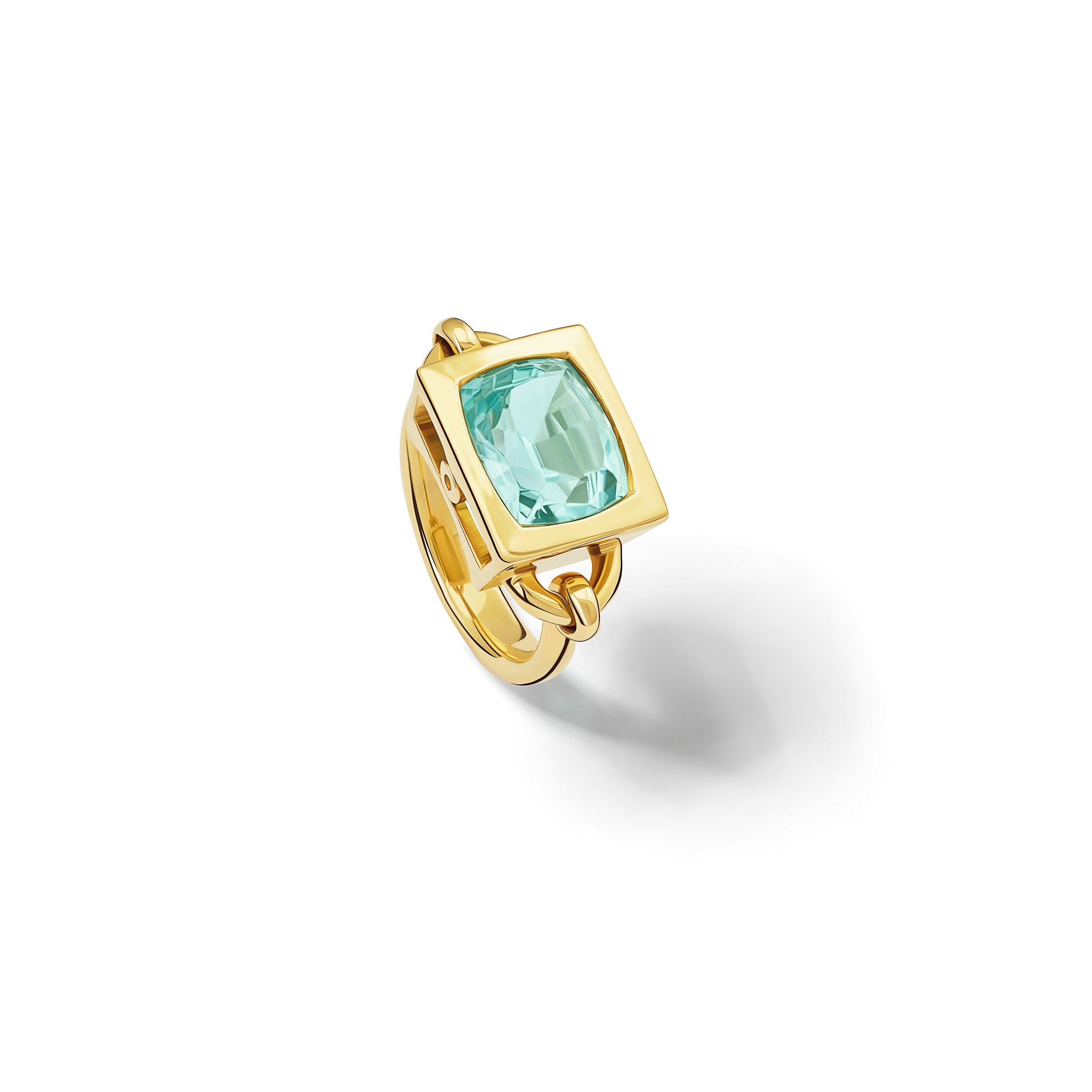 Handcrafted 18ct yellow gold ring featuring a central aquamarine, birthstone of March.