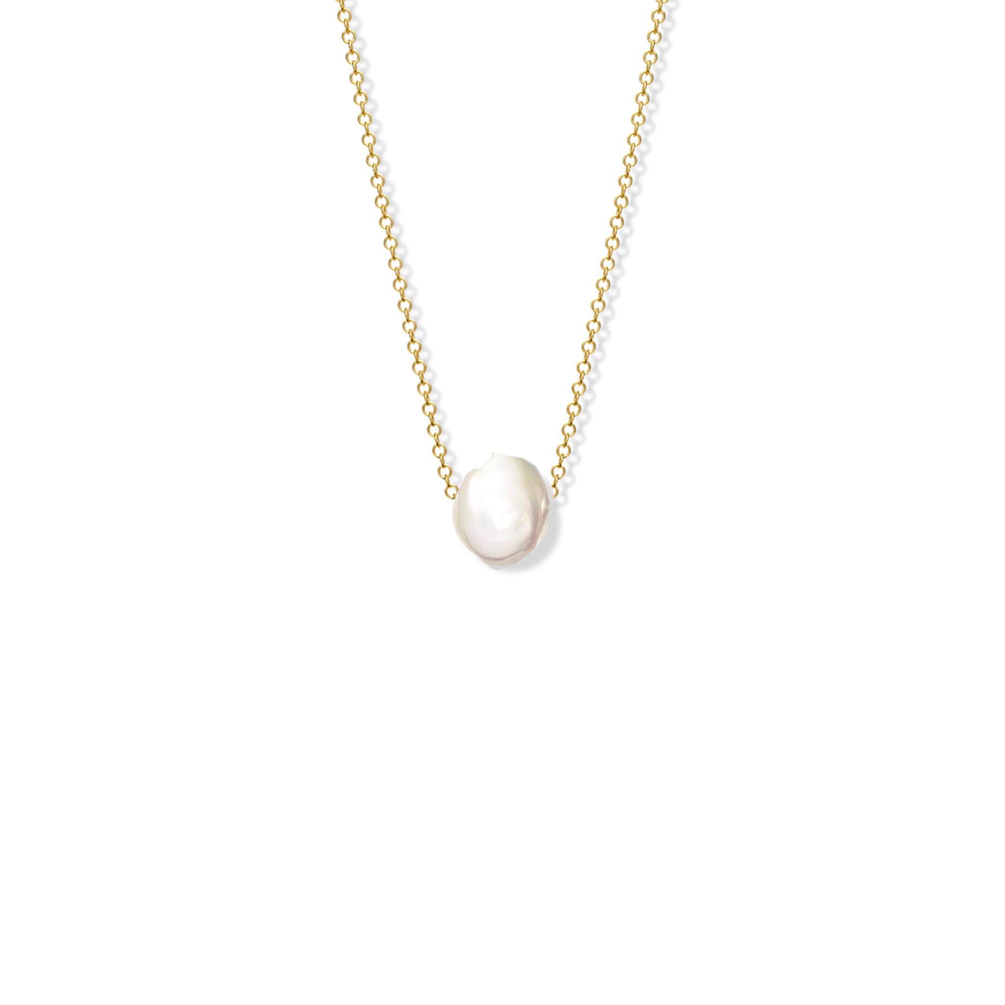 Handcrafted yellow gold necklace featuring a round baroque pearl, birthstone of June.