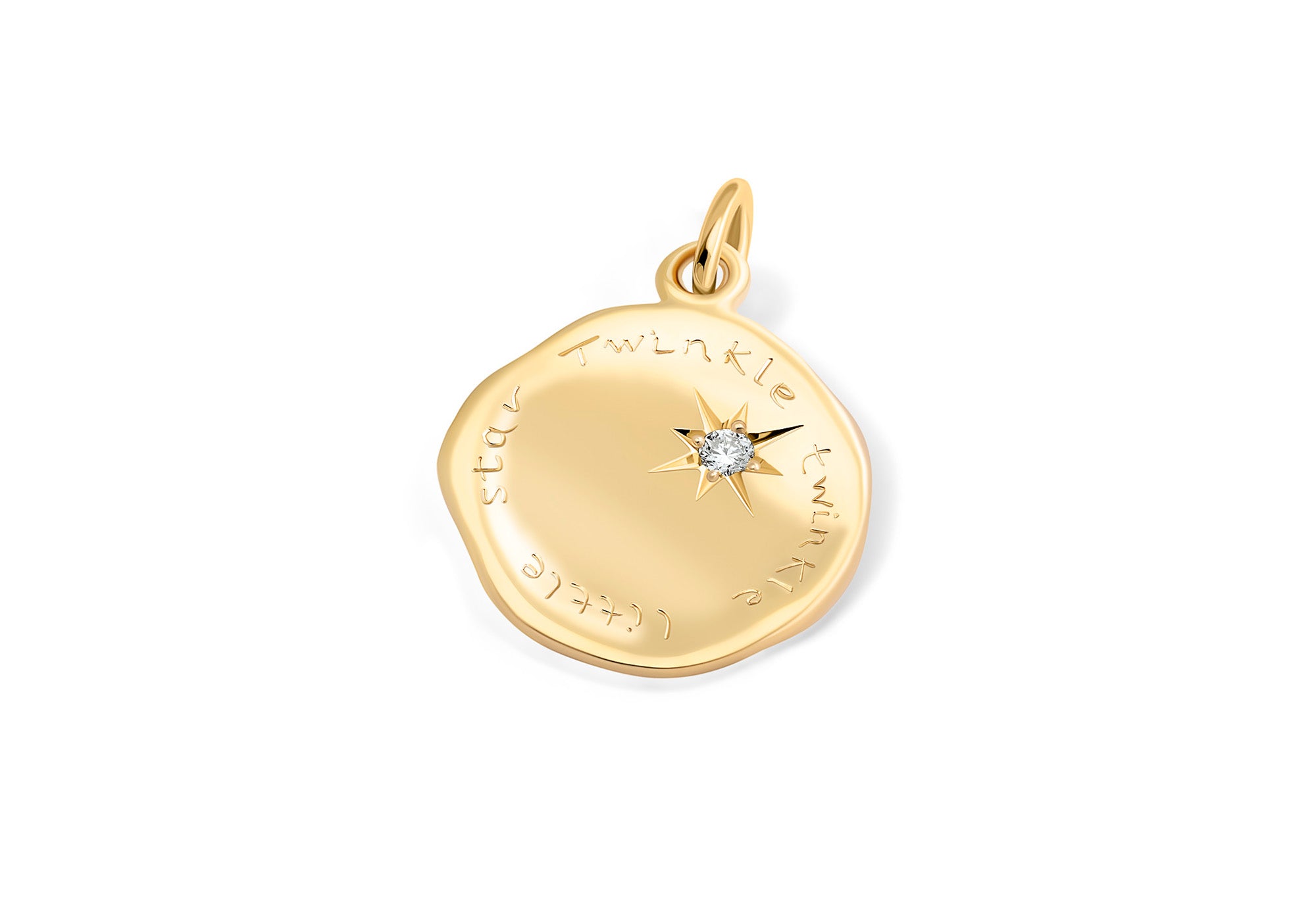 A yellow gold round necklace pendant featuring hand-engraved words "Twinkle Twinkle Little Star" and set with a sparkling diamond.